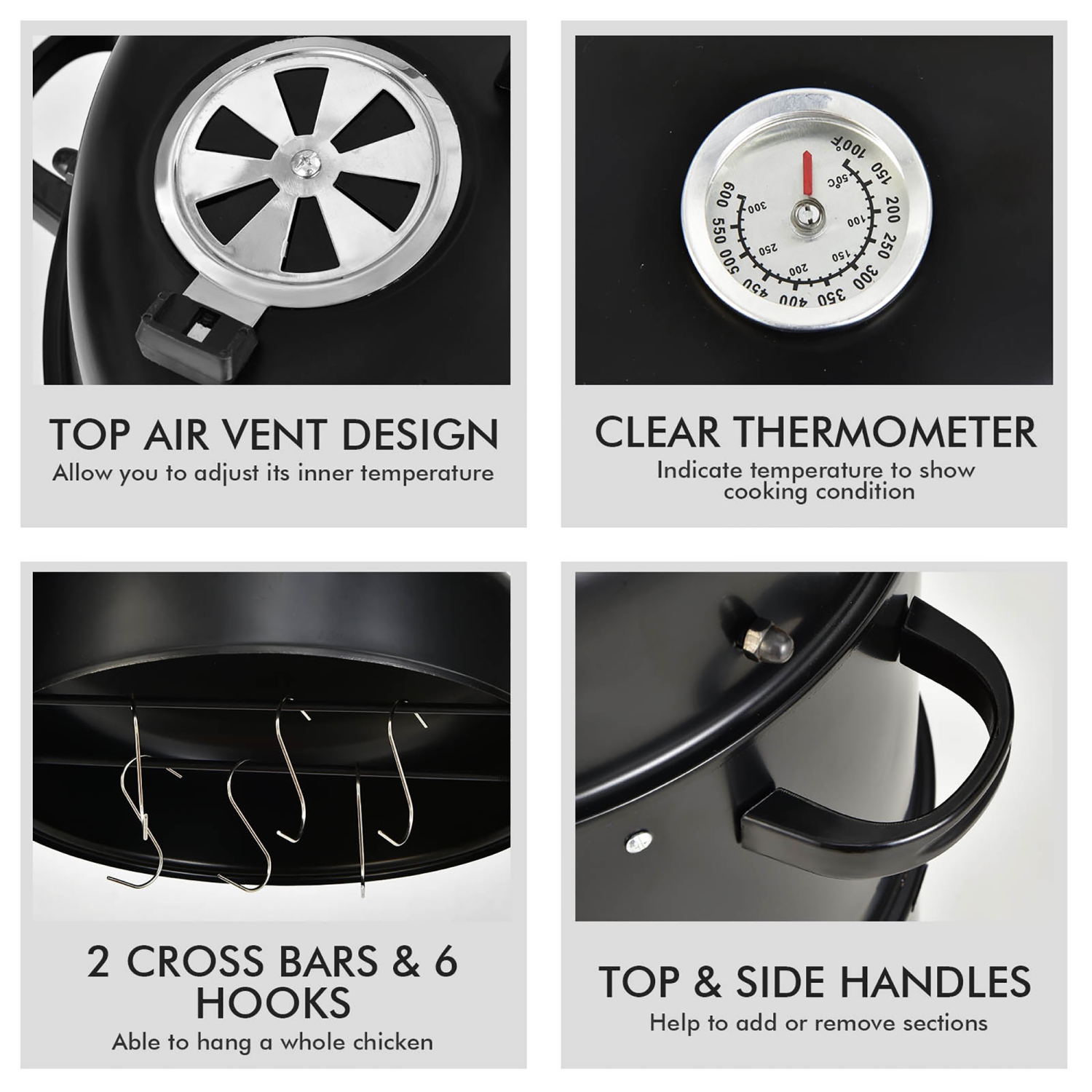 Costway 3-in-1 Portable Round Charcoal Smoker Vertical BBQ Grill Built-in Thermometer