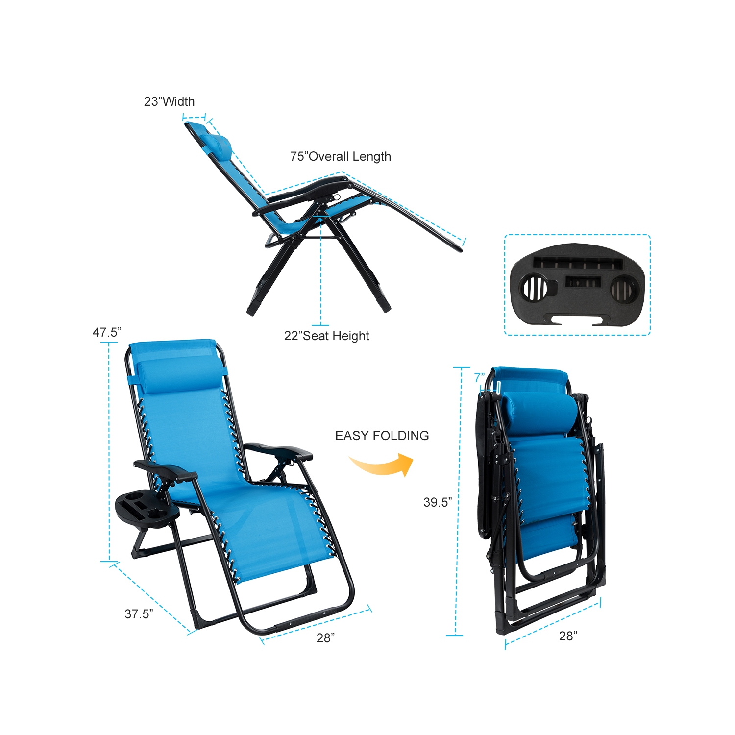 Costway Oversize Lounge Chair Patio Heavy Duty Folding Recliner Gray