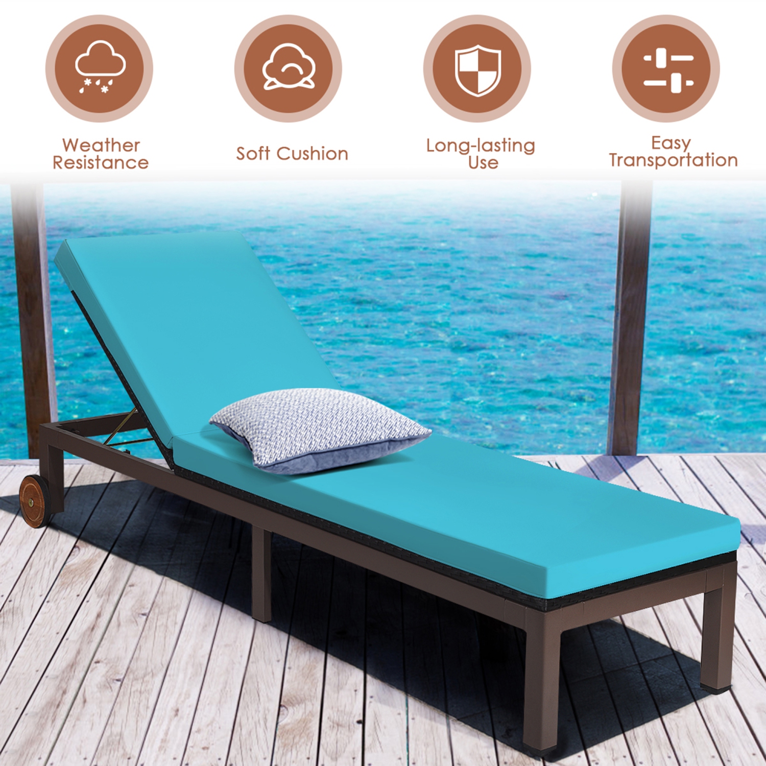 Chaise longue en rotin réglable et inclinable avec matelas et roues marque Gymax