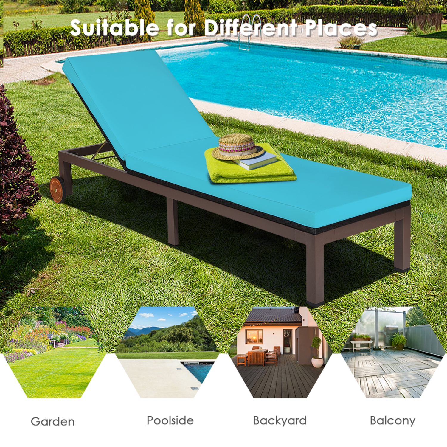 Chaise longue en rotin réglable et inclinable avec matelas et roues marque Gymax