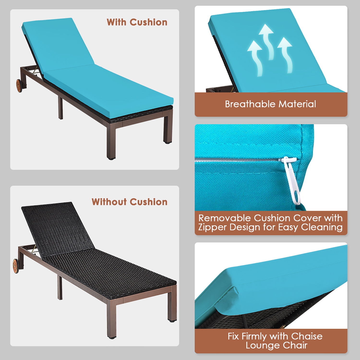 Chaise longue en rotin réglable et inclinable avec matelas et roues marque Gymax