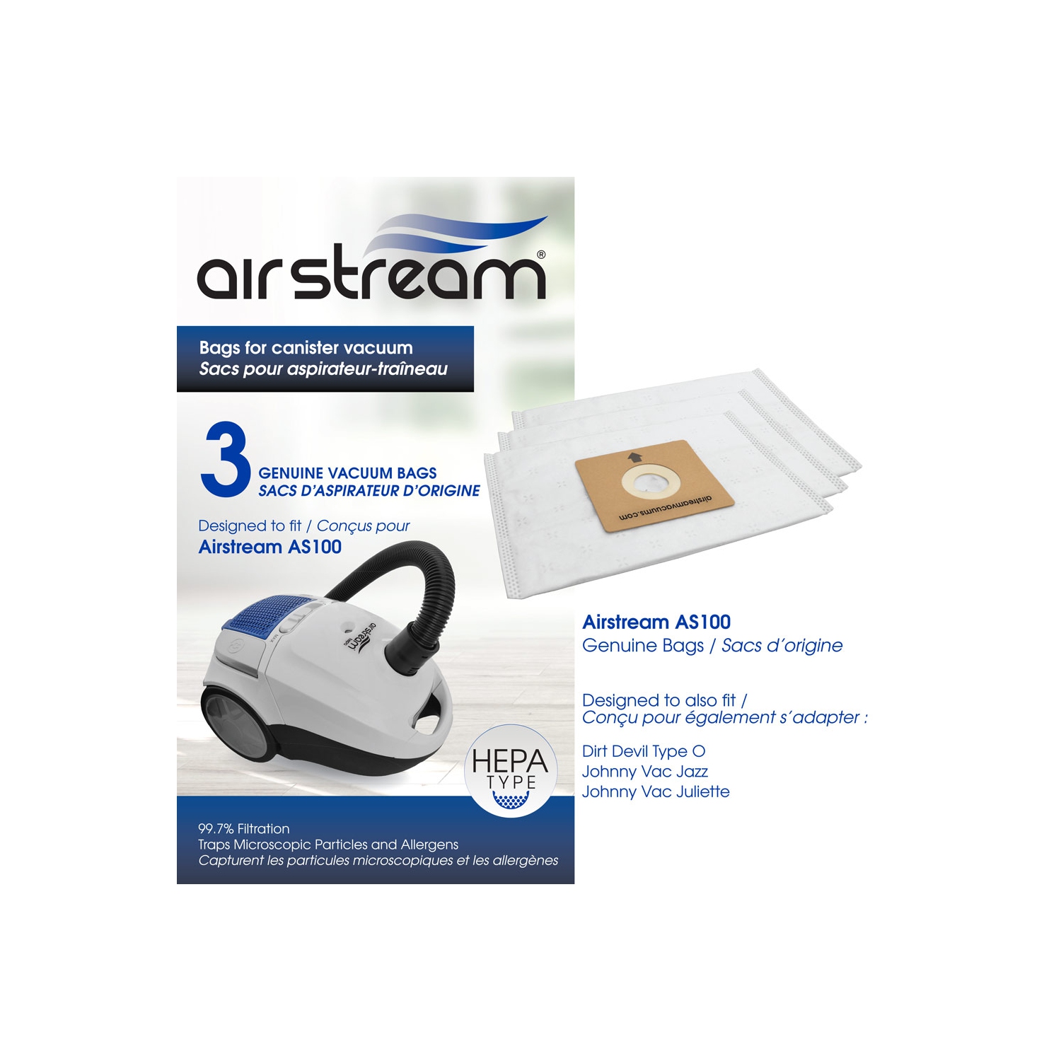 3 HEPA spare bags for AS100 Airstream vacuum