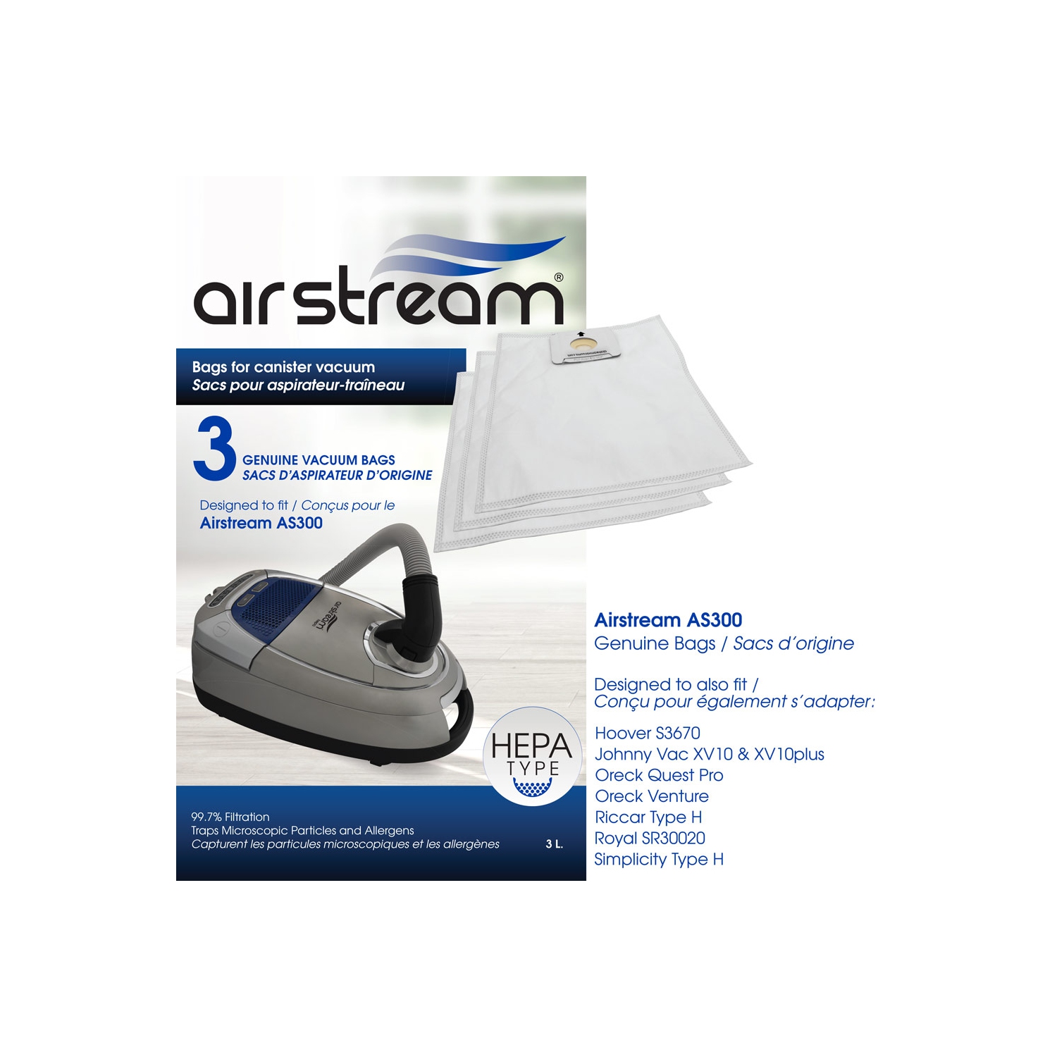 3 HEPA spare bags for Airstream AS300 vacuum