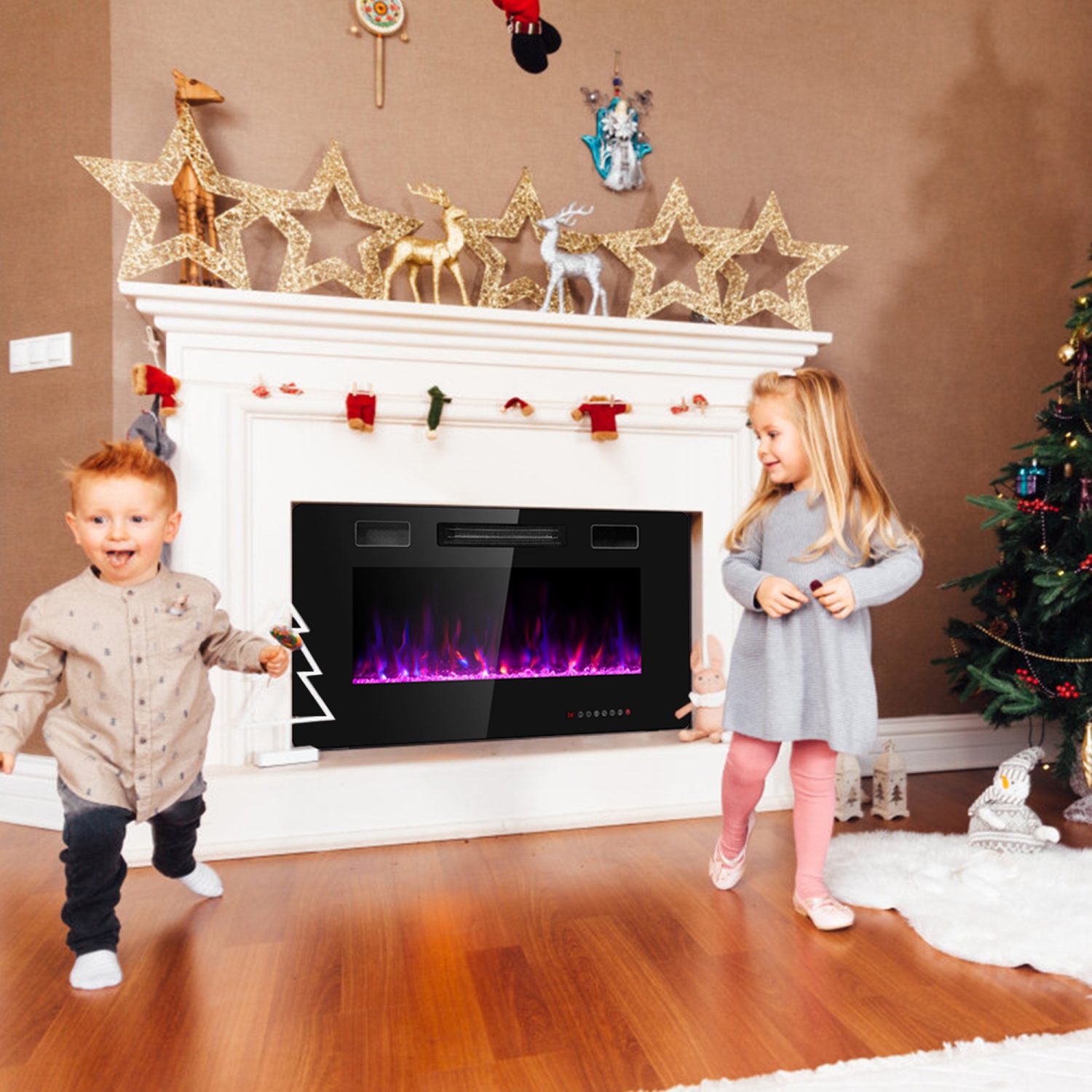 Gymax Cheminée Murale Électrique Encastrée de 36 pouces avec Télécommande
