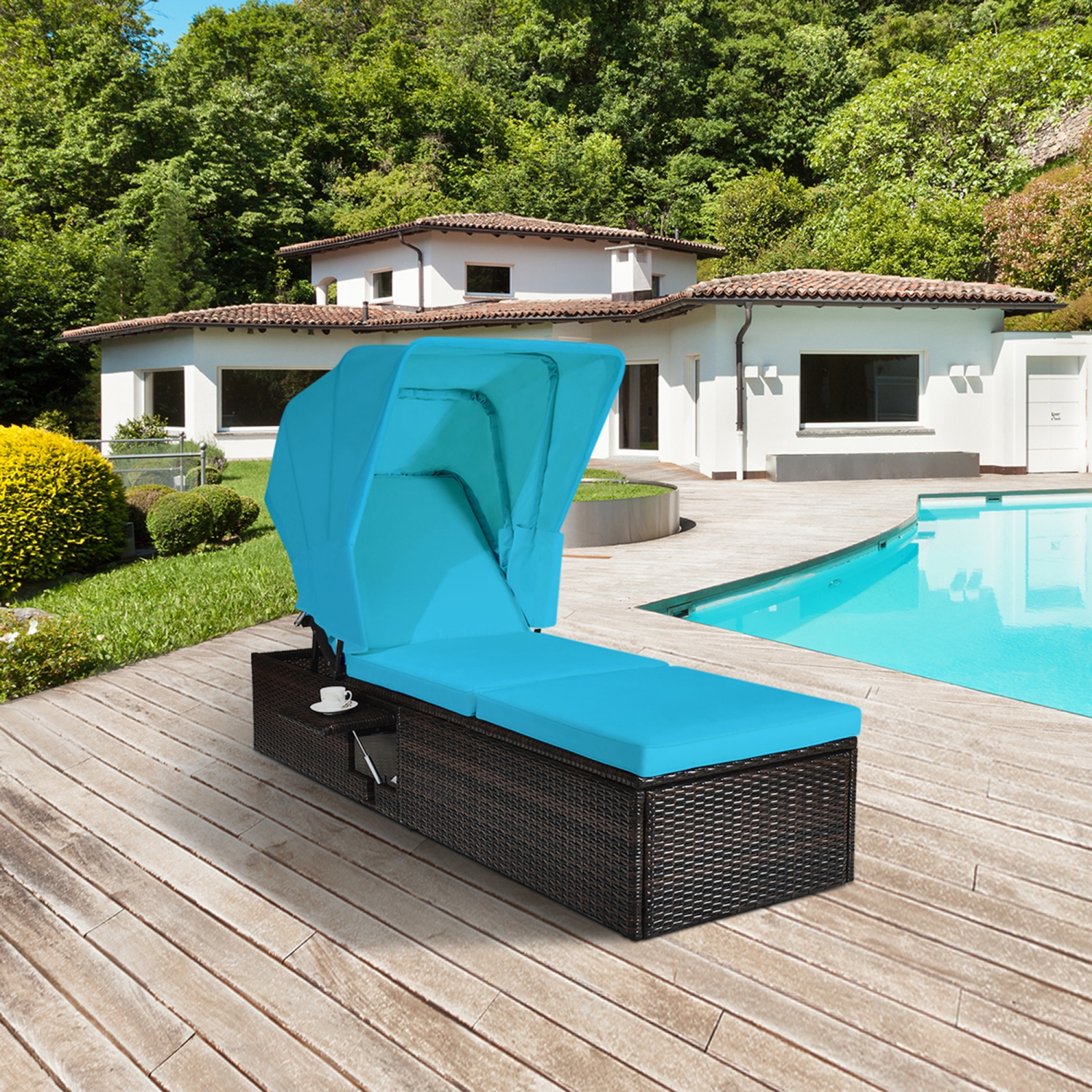 Gymax Rattan Patio Chaise Lounge Chair W/ Adjustable Canopy Turquoise Cushion