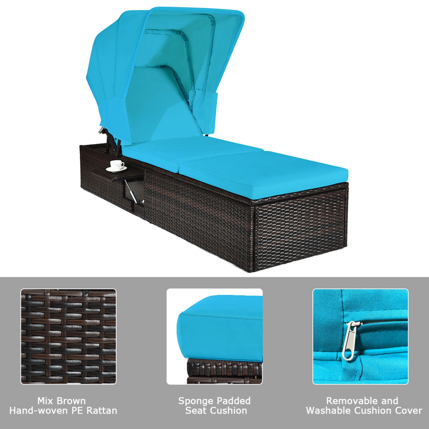 Gymax Rattan Patio Chaise Lounge Chair W/ Adjustable Canopy Turquoise Cushion