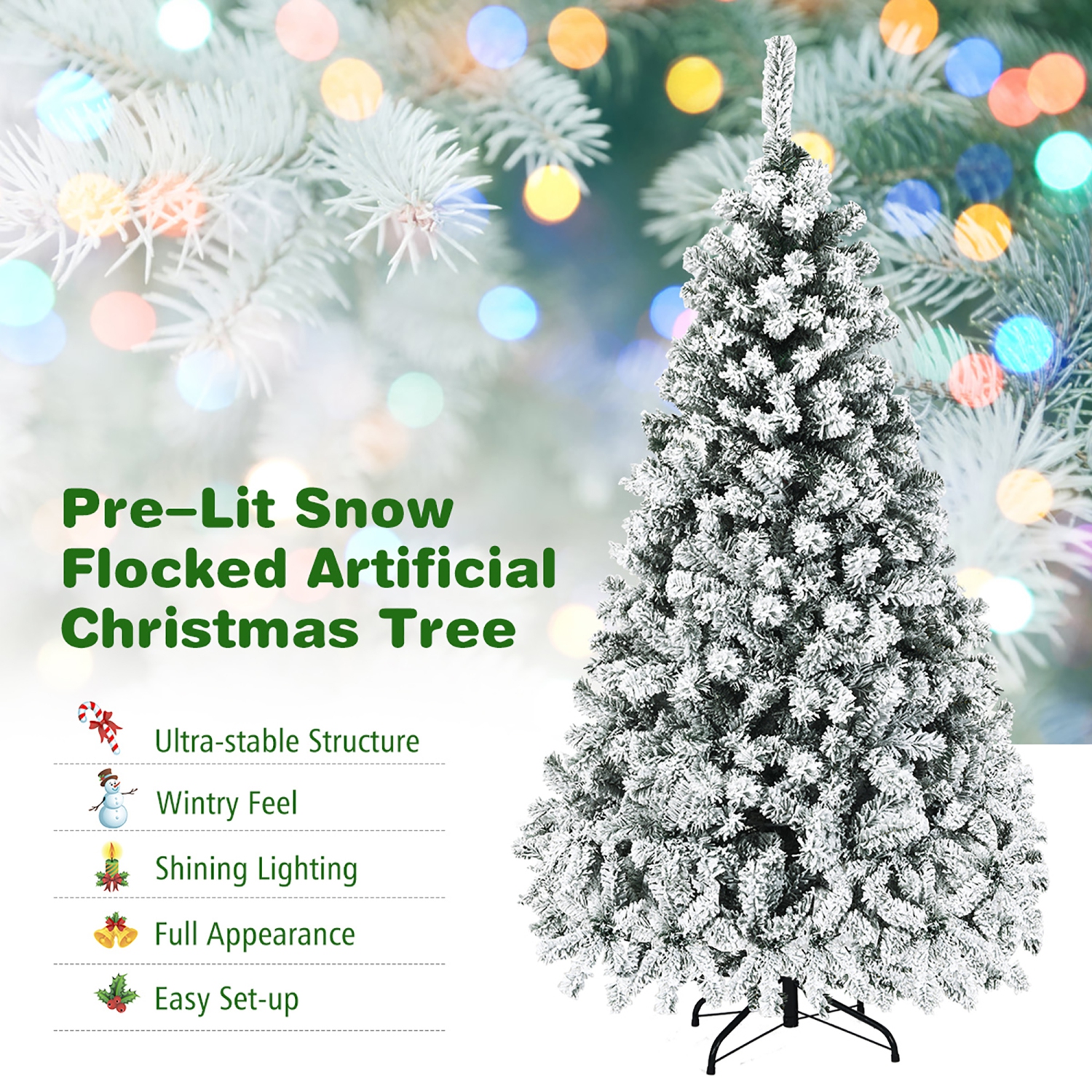 Costway 6/7.5/9FT Pre-Lit Premium Snow Flocked Hinged Artificial Christmas Tree w/ Lights