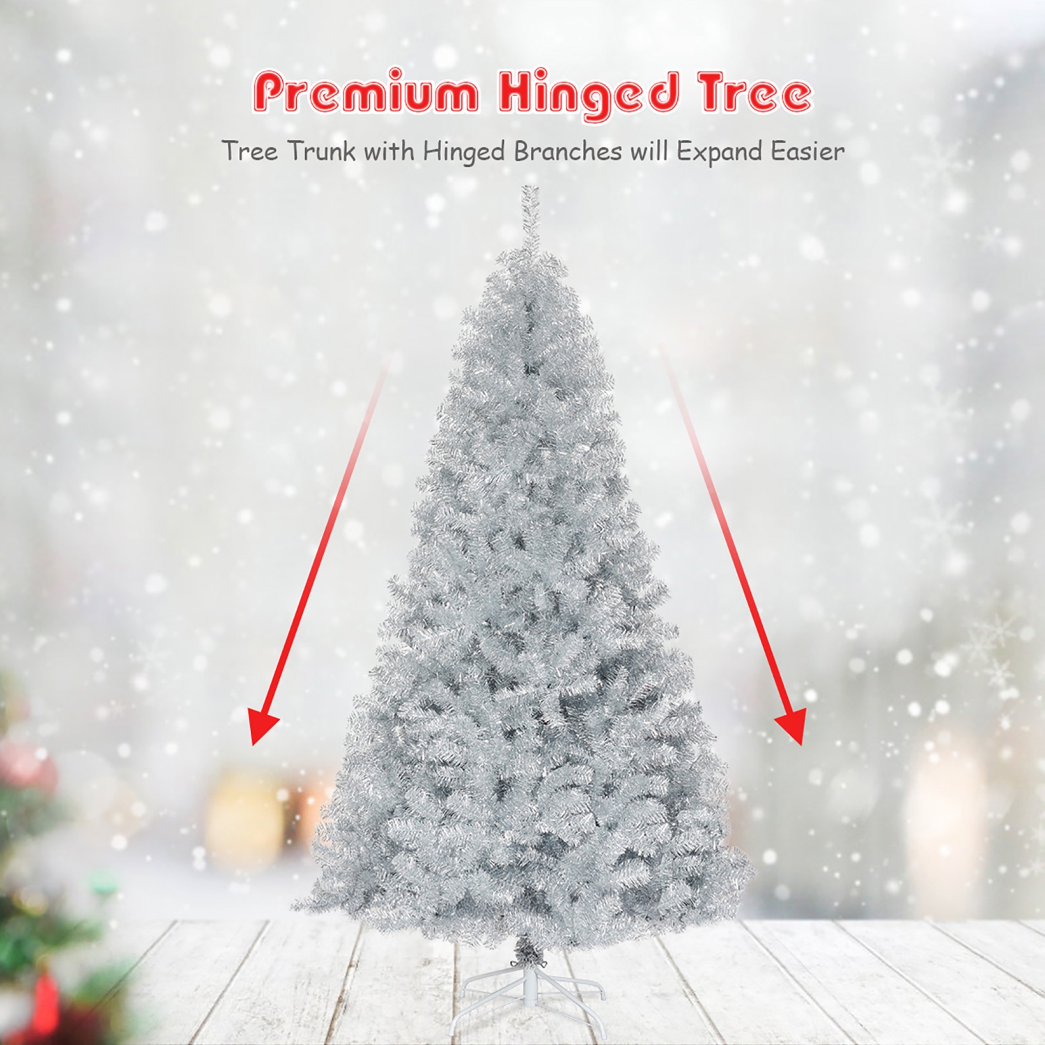 Costway 7.5Ft Hinged Unlit Artificial Silver Tinsel Christmas Tree Holiday w/Metal Stand