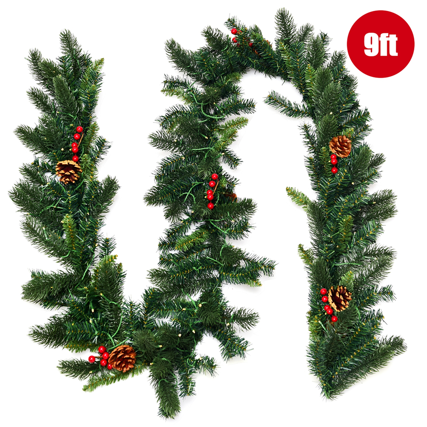 Costway 9Ft Pre-lit Artificial Christmas Garland Red Berries w/ 100 LED Lights & Timer