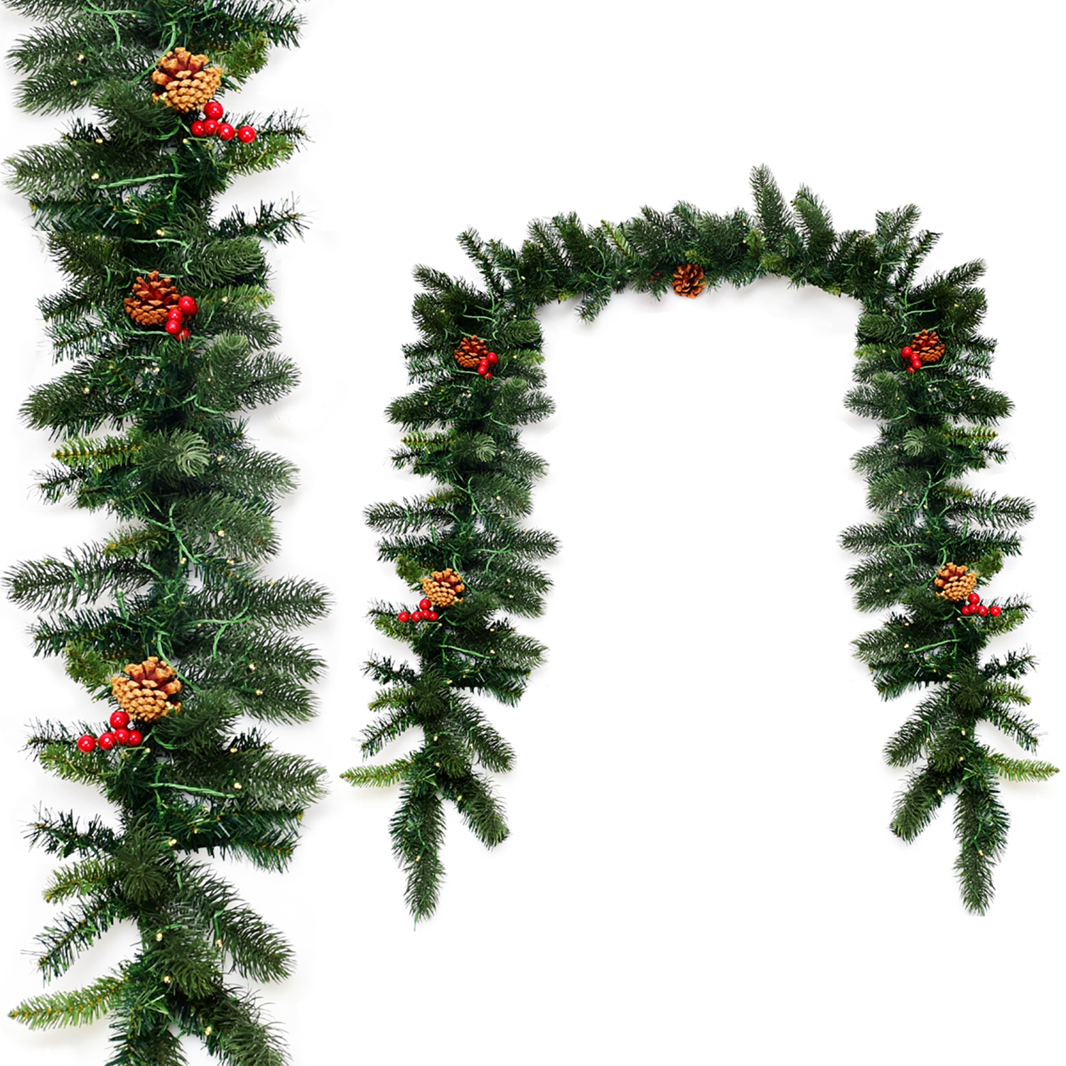 Costway 9Ft Pre-lit Artificial Christmas Garland Red Berries w/ 100 LED Lights & Timer