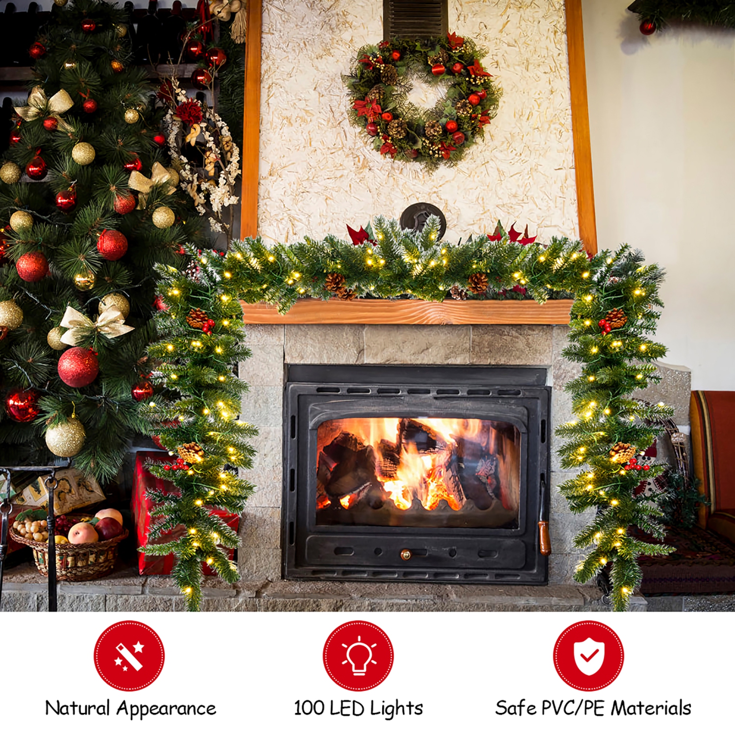 Costway 9Ft Pre-lit Artificial Christmas Garland Red Berries w/ 100 LED Lights & Timer