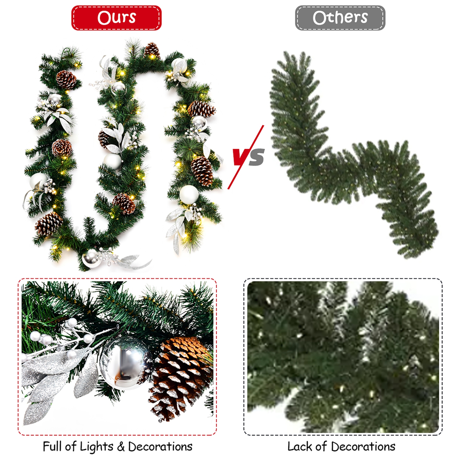 Costway 9ft Pre-Lit Artificial Christmas Garland with Mixed Decorations and LED Lights