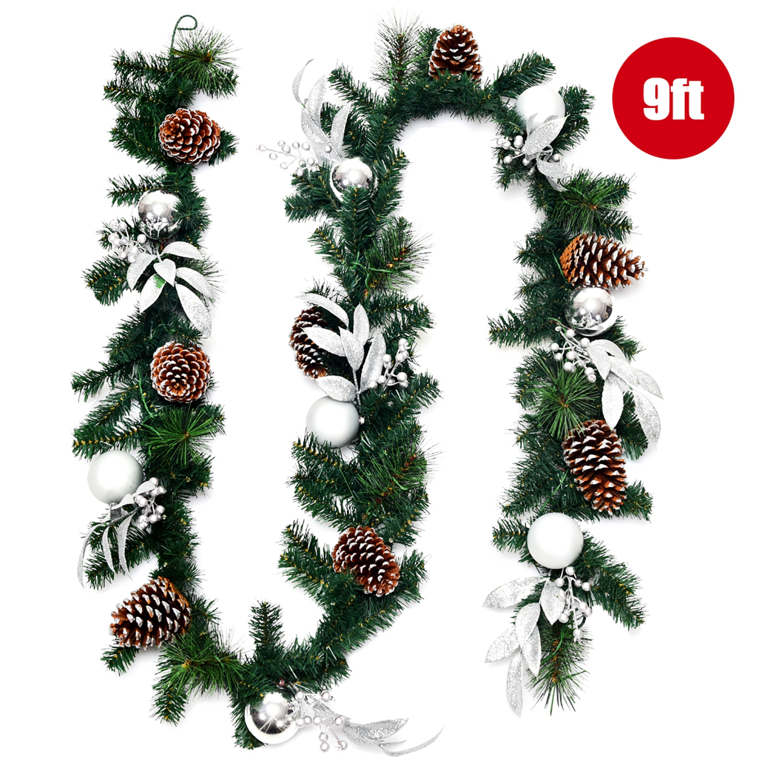 Costway 9ft Pre-Lit Artificial Christmas Garland with Mixed Decorations and LED Lights