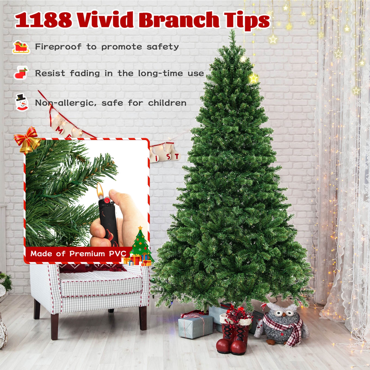 Costway 7 FT Artificial Xmas Tree with 1188 PVC Branch Tips 700 Warm White LED Lights