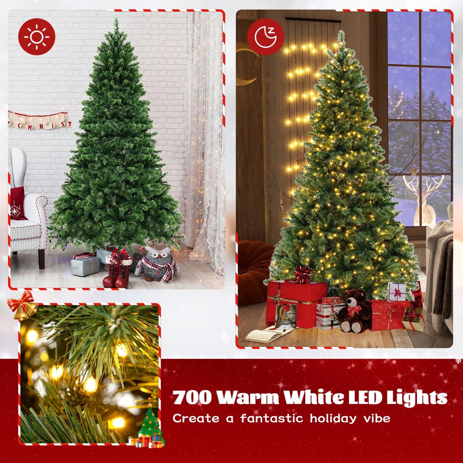 Costway 7 FT Artificial Xmas Tree with 1188 PVC Branch Tips 700 Warm White LED Lights