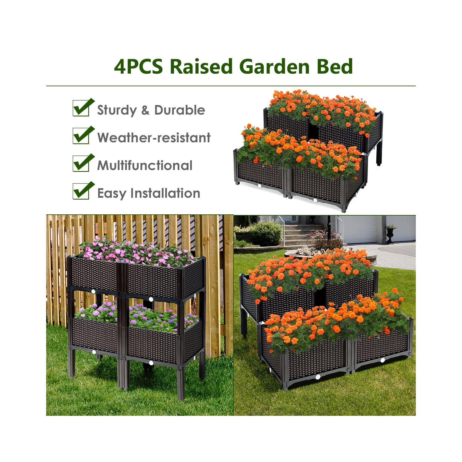Costway Set of 4 Raised Garden Bed Elevated Flower Vegetable Herb Grow Planter Box