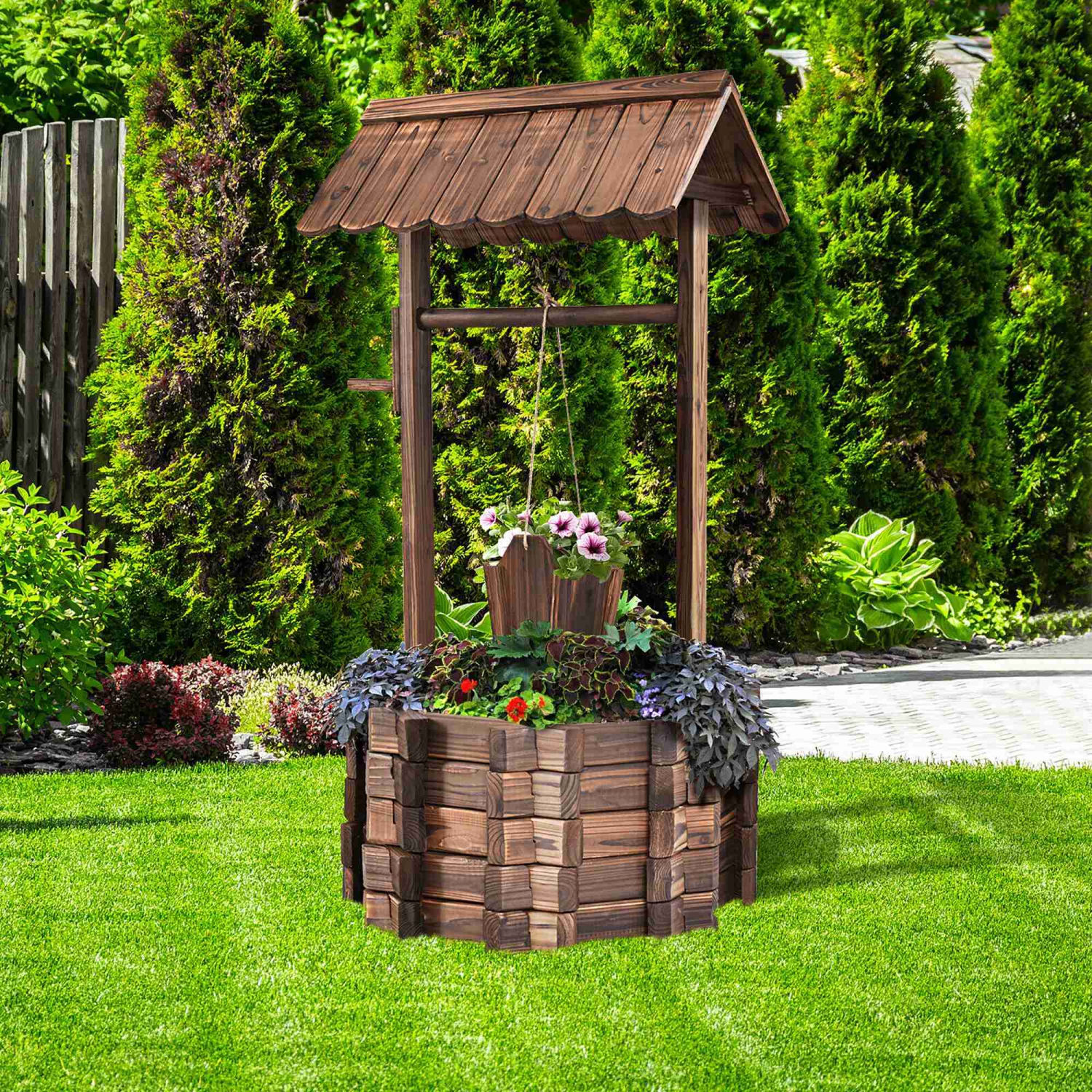 Costway Outdoor Wooden Wishing Well Bucket Flower Plants Planter Garden Home Decor