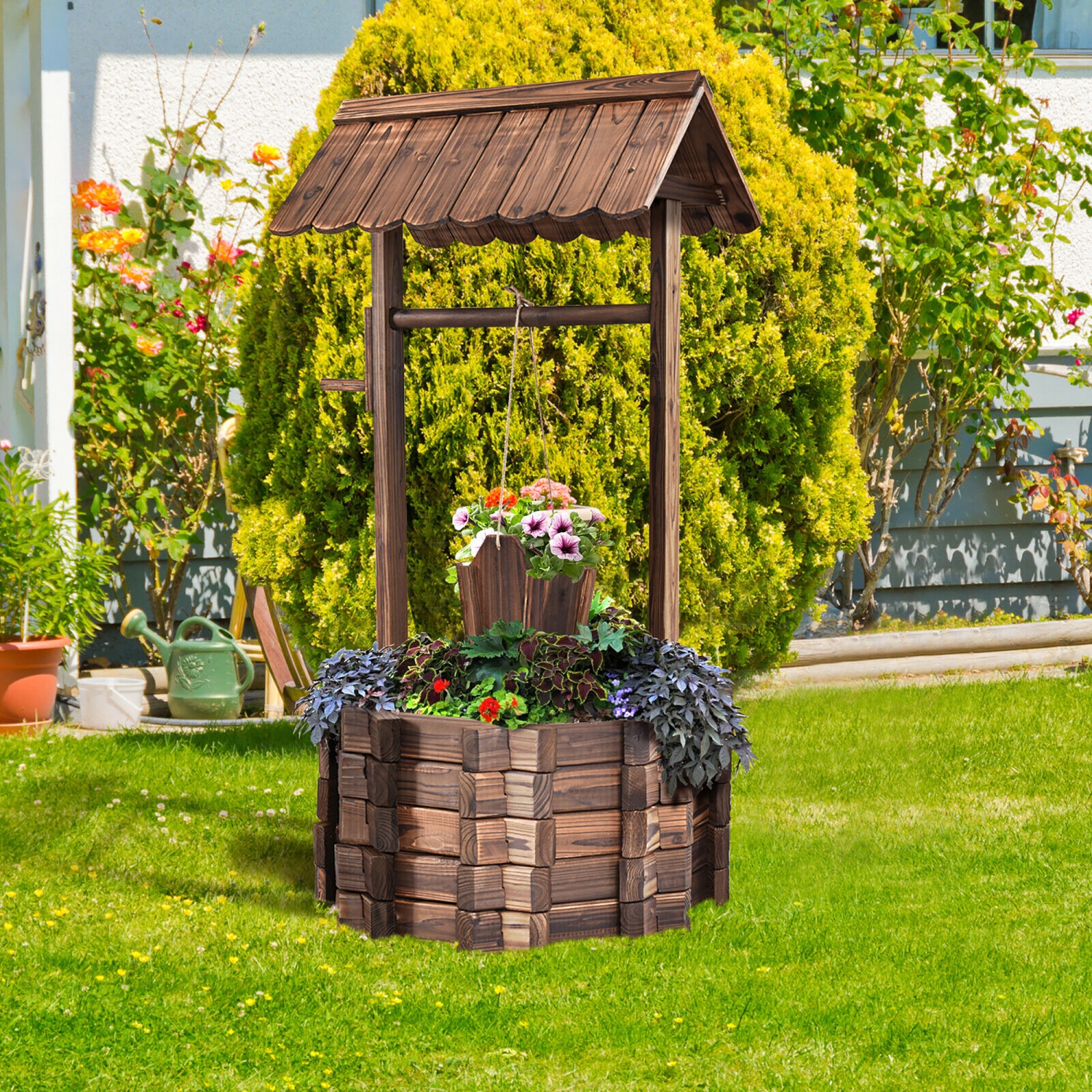 Costway Outdoor Wooden Wishing Well Bucket Flower Plants Planter Garden Home Decor
