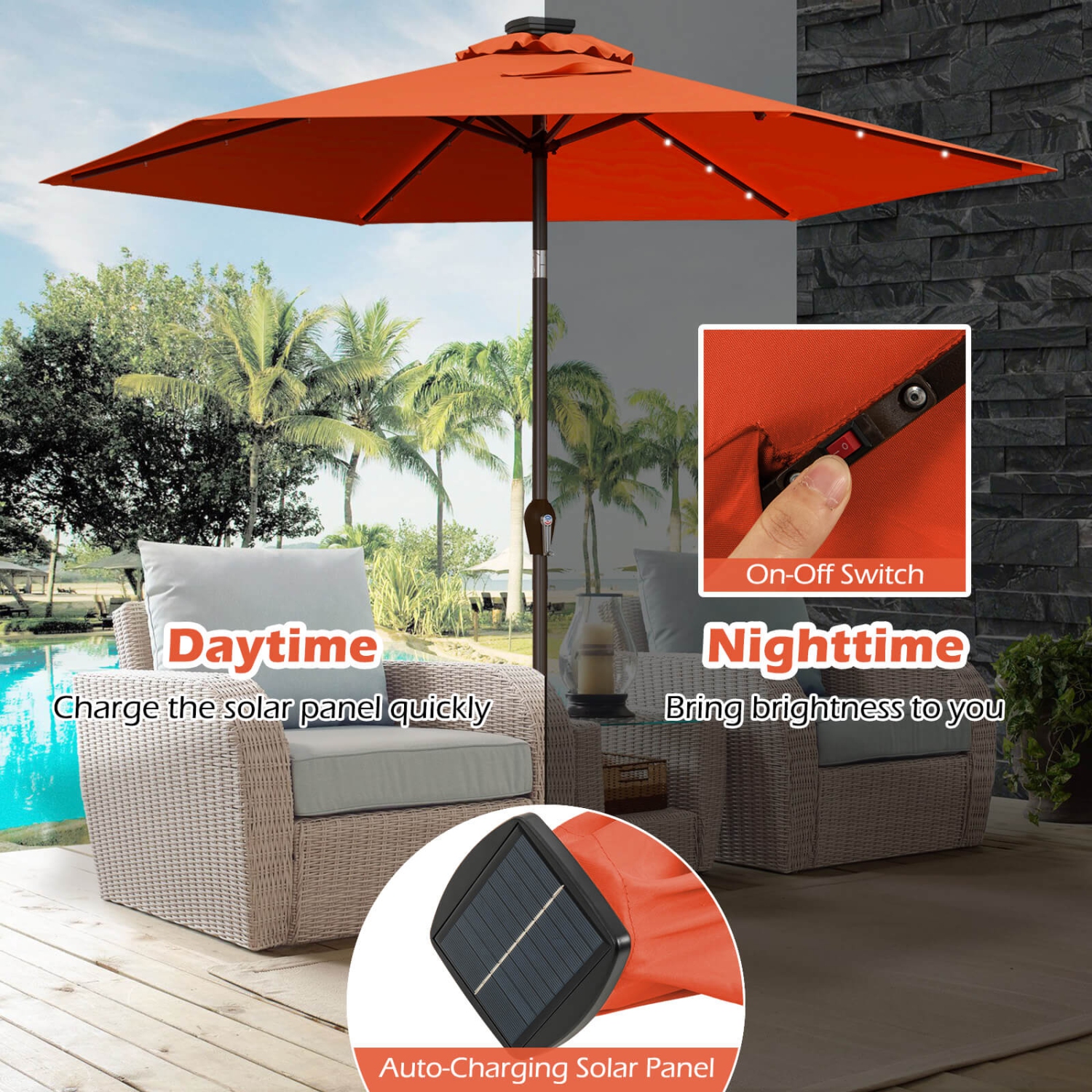 Costway 9FT Patio Solar Umbrella LED Steel Tilt W/ Crank BlueOrange