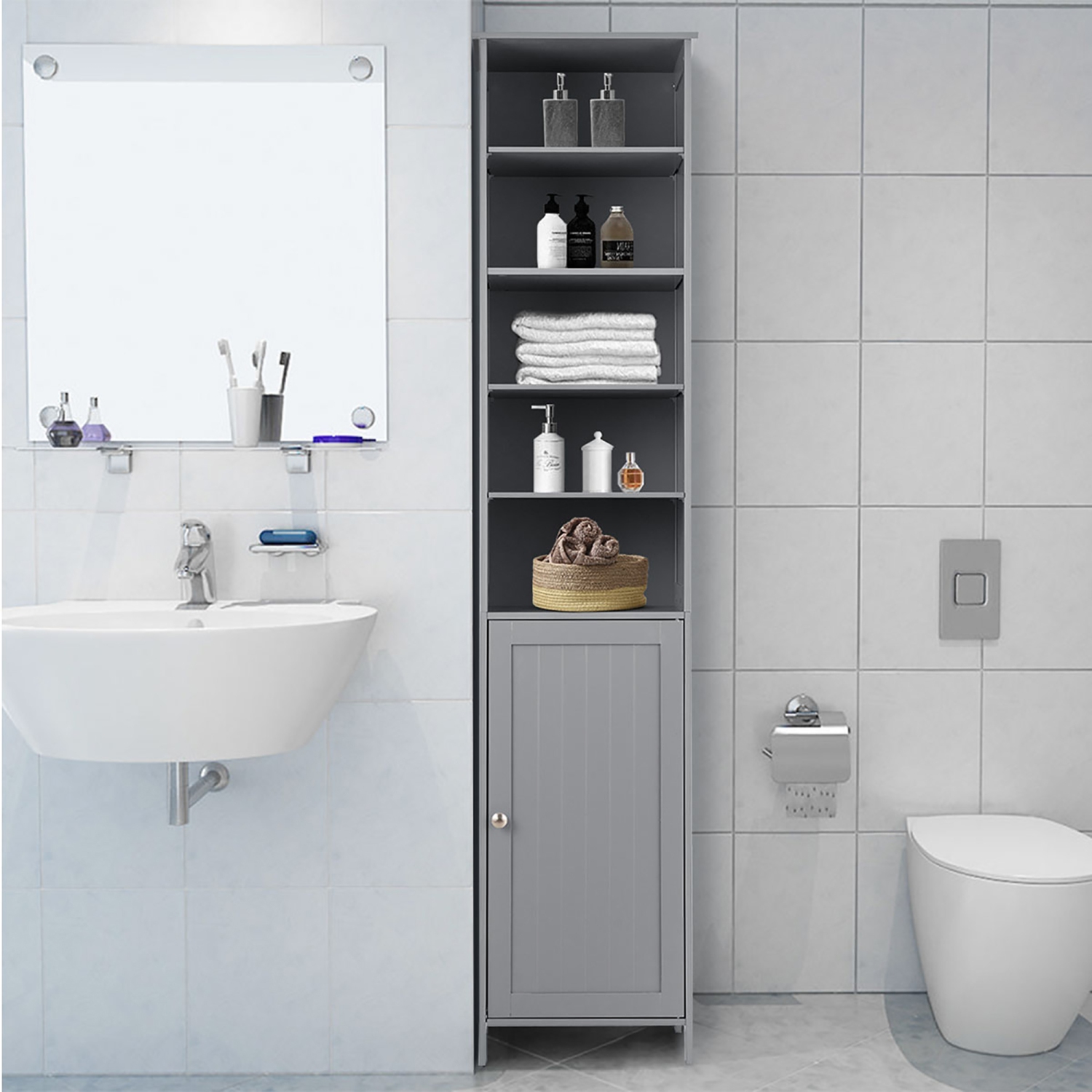Costway 72''H Bathroom Tall Floor Storage Cabinet Shelving Display Grey