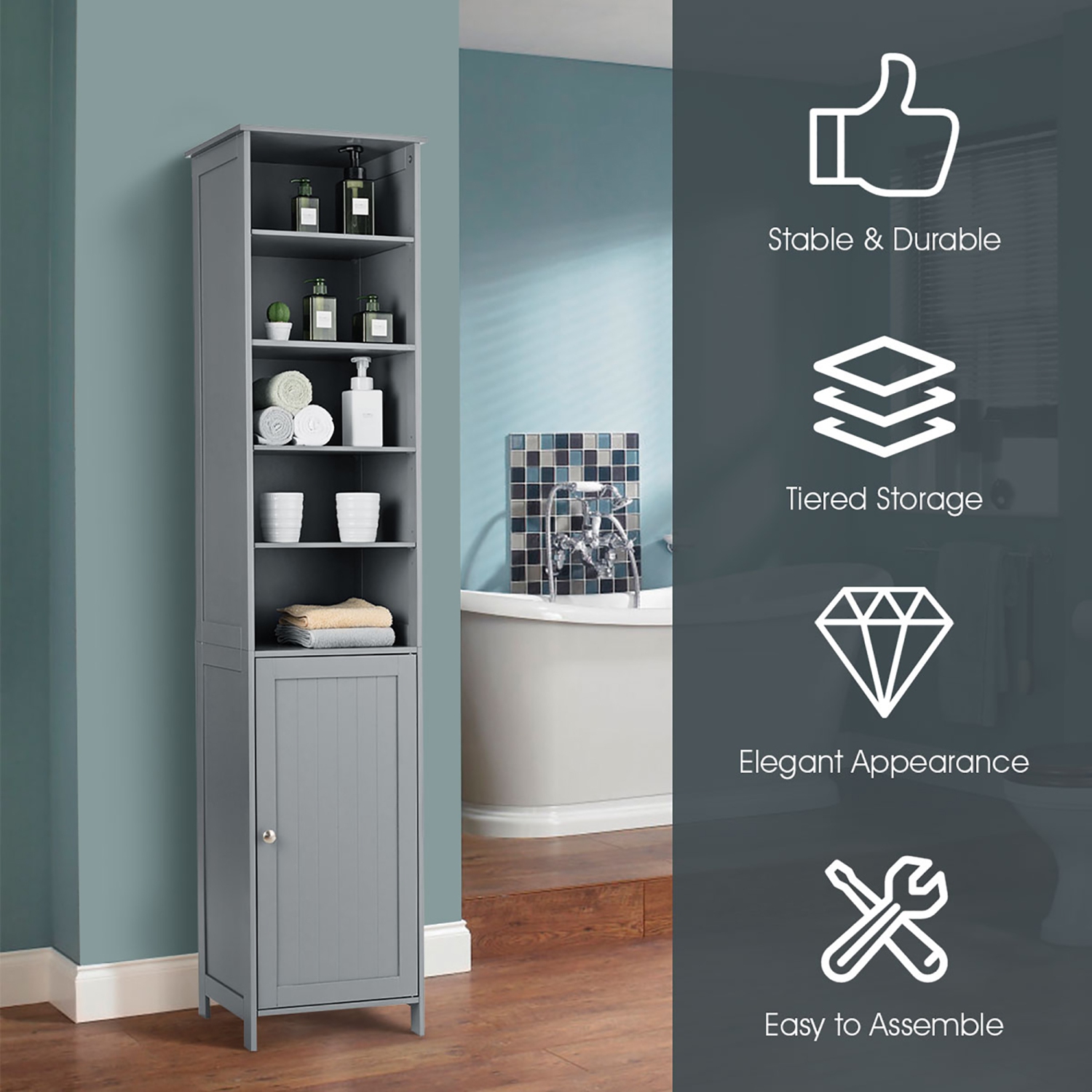 Costway 72''H Bathroom Tall Floor Storage Cabinet Shelving Display Grey