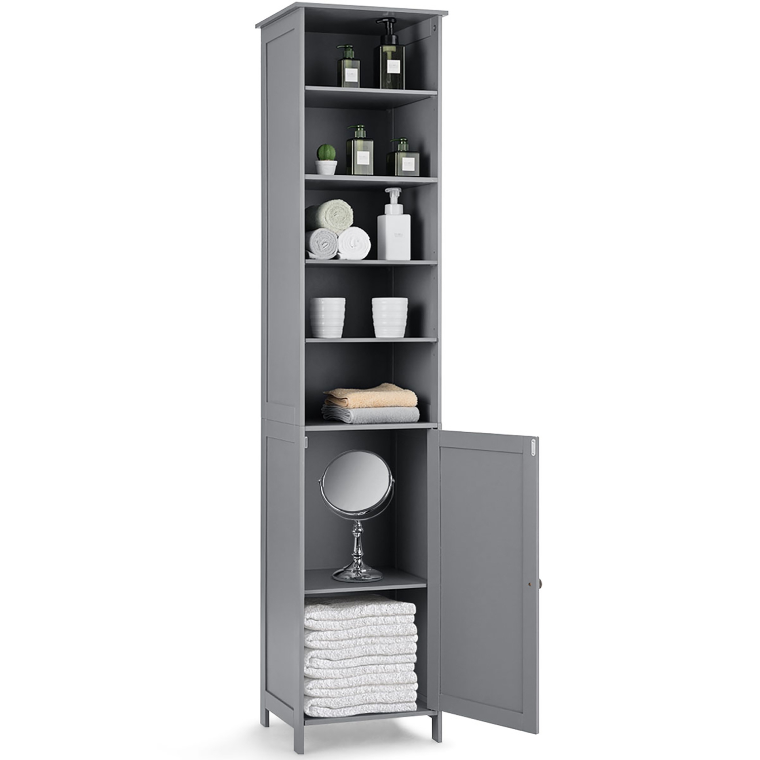 Costway 72''H Bathroom Tall Floor Storage Cabinet Shelving Display Grey