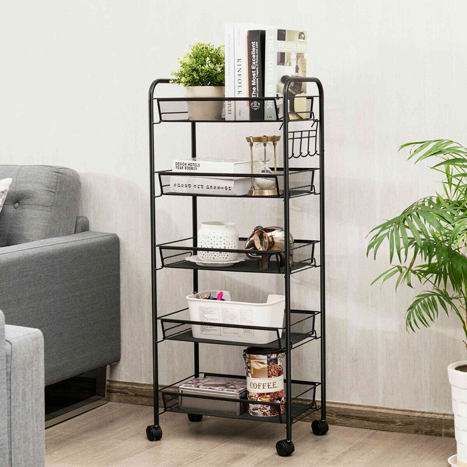 Costway 5 Tier Mesh Rolling File Utility Cart Storage Basket Home Office Kitchen Black