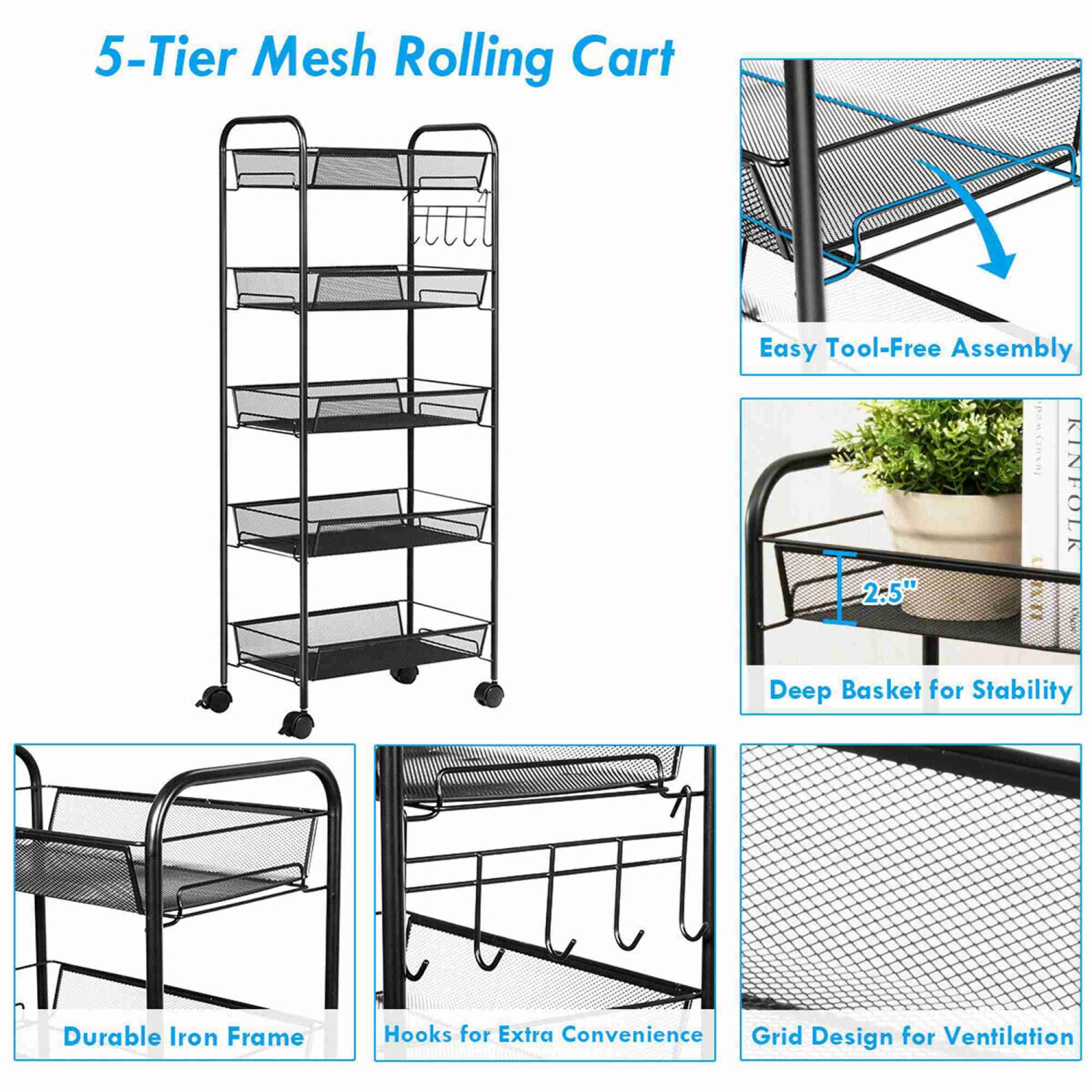 Costway 5 Tier Mesh Rolling File Utility Cart Storage Basket Home Office Kitchen Black