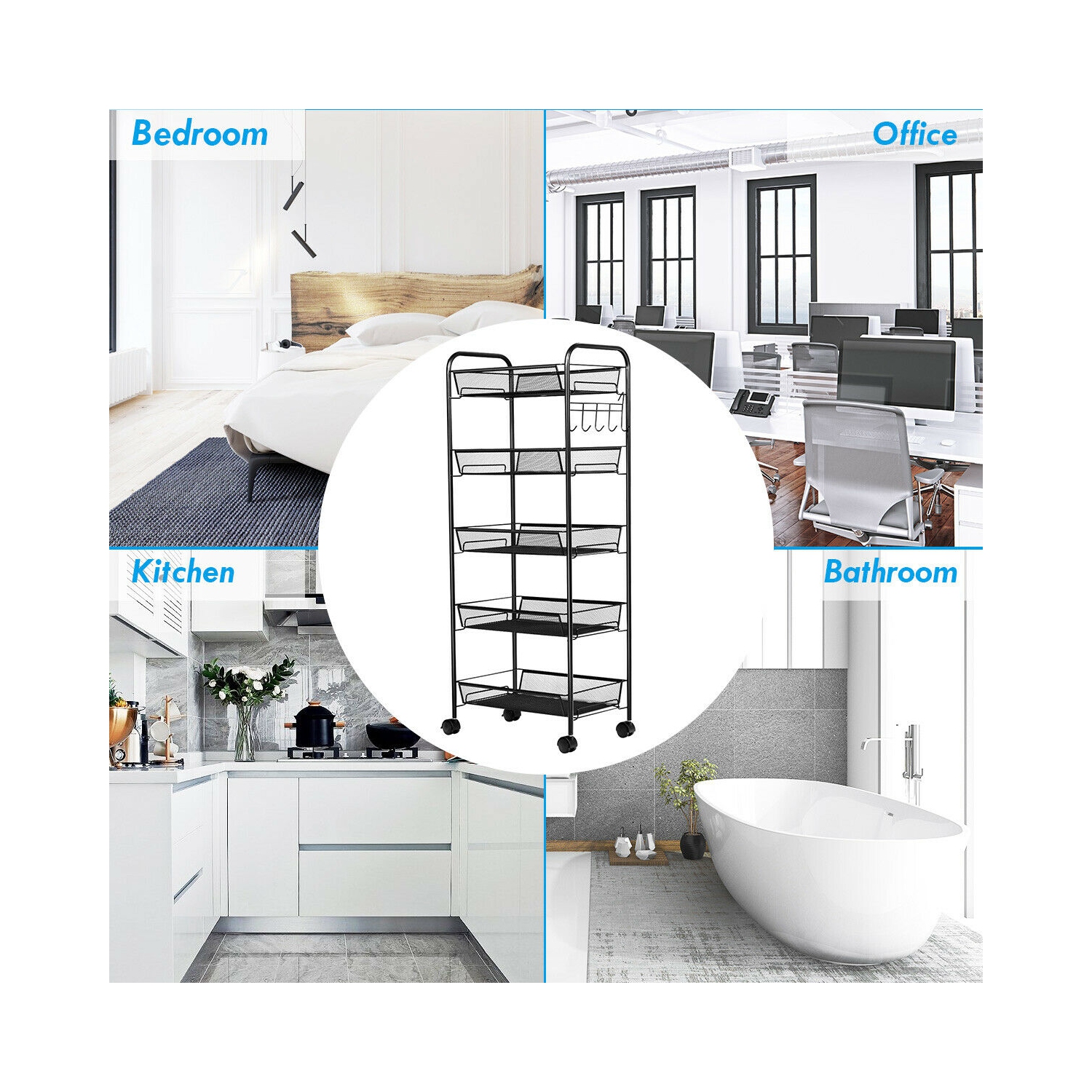 Costway 5 Tier Mesh Rolling File Utility Cart Storage Basket Home Office Kitchen Black