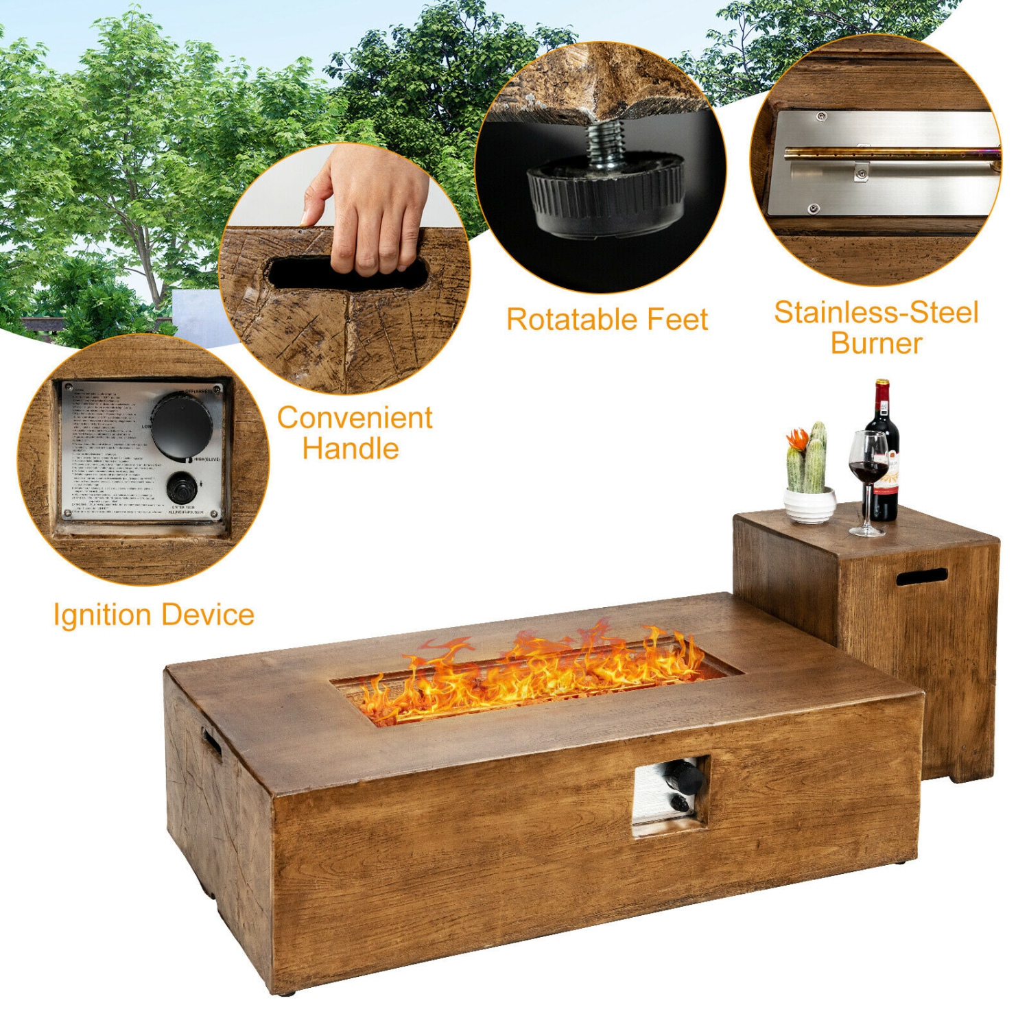 Gymax 48''x27'' 50,000 BTU Propane Fire Pit Table Set w/ Side Table Tank Storage & Cover