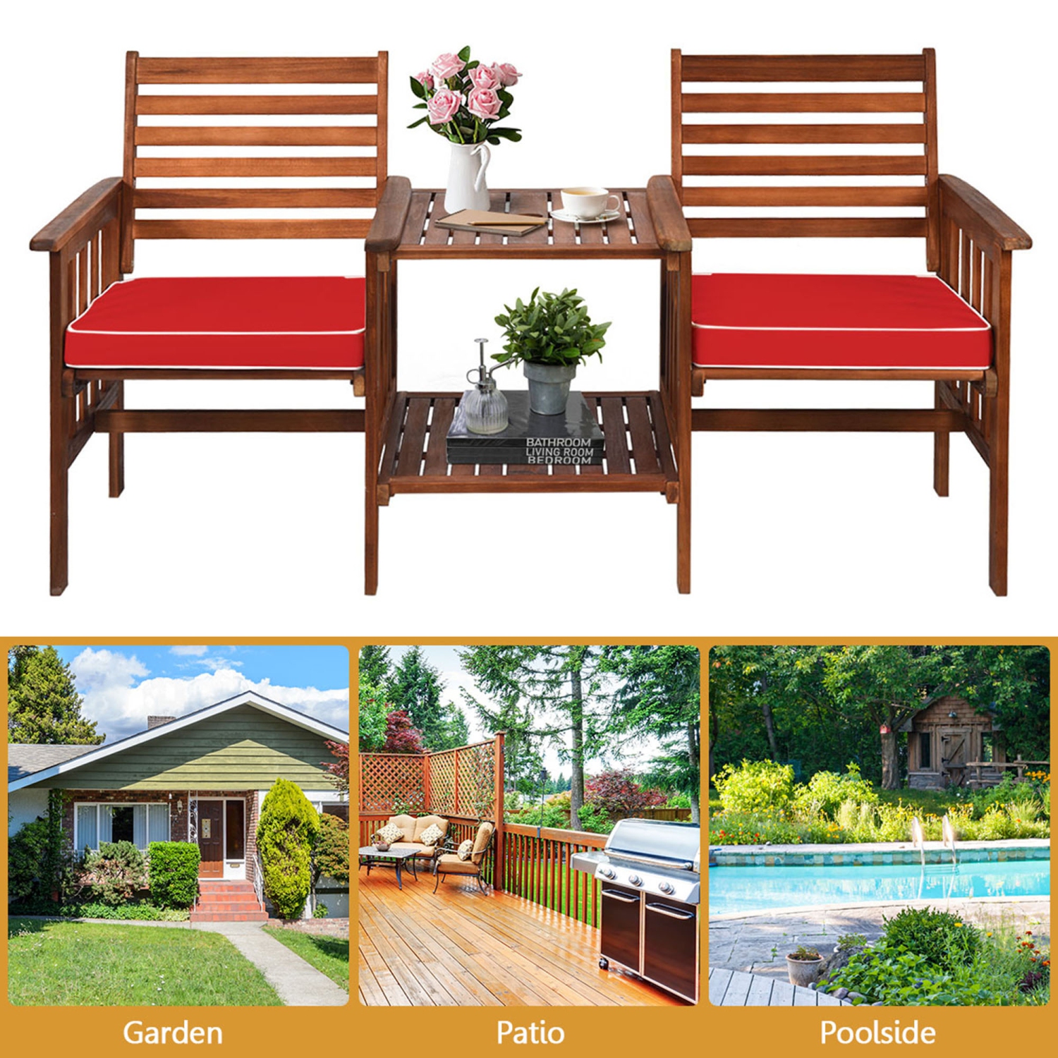 Gymax Acacia Wood Loveseat Patio Outdoor Conversation Set w/ Table Red Cushion