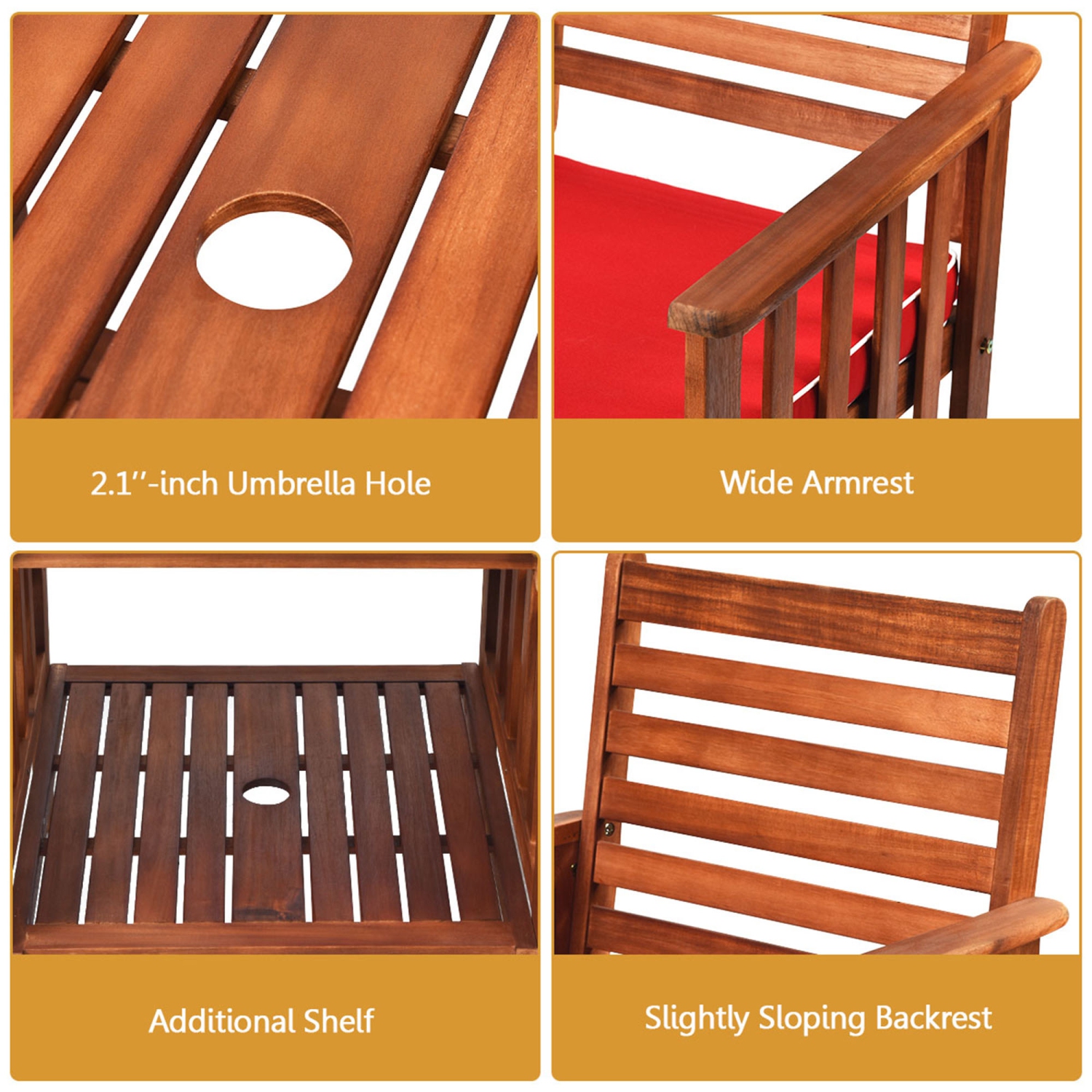 Gymax Acacia Wood Loveseat Patio Outdoor Conversation Set w/ Table Red Cushion