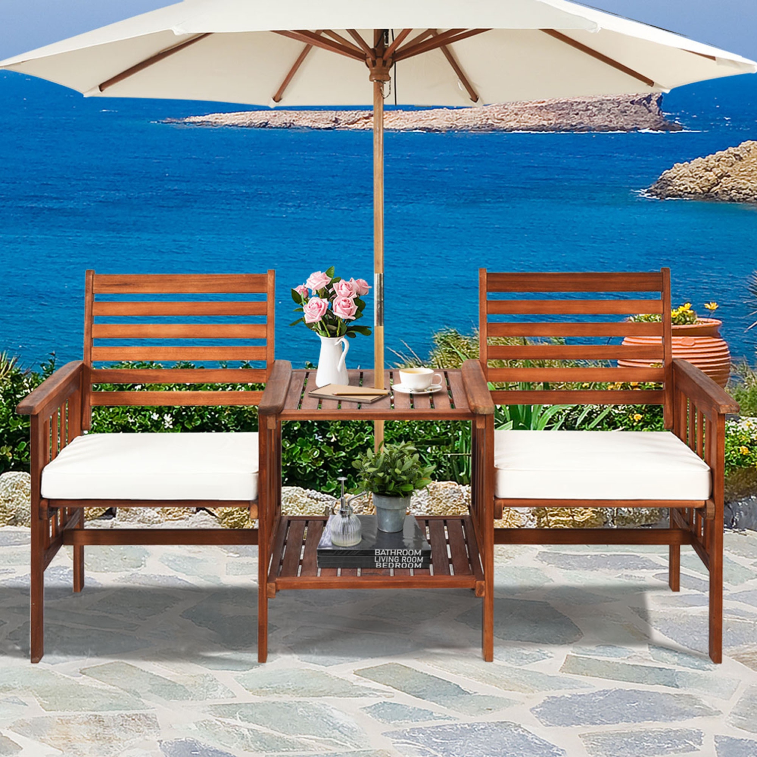 Gymax Acacia Wood Loveseat Patio Outdoor Conversation Set w/ Table White Cushion