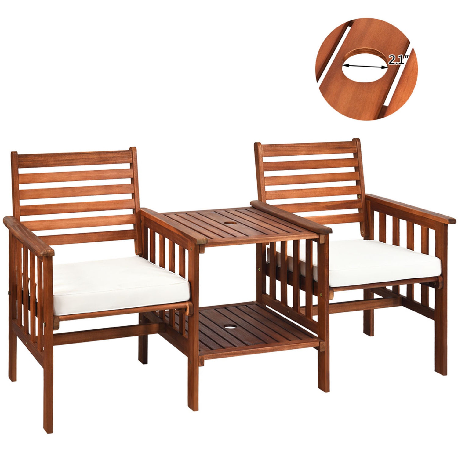 Gymax Acacia Wood Loveseat Patio Outdoor Conversation Set w/ Table White Cushion