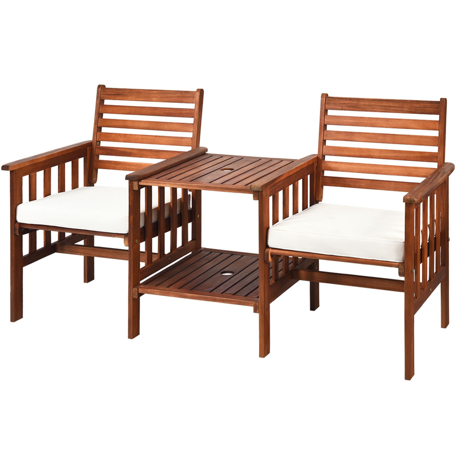 Gymax Acacia Wood Loveseat Patio Outdoor Conversation Set w/ Table White Cushion