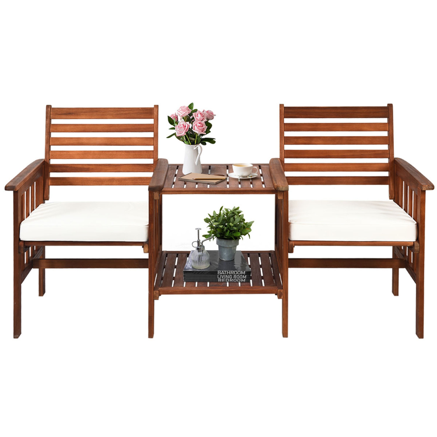 Gymax Acacia Wood Loveseat Patio Outdoor Conversation Set w/ Table White Cushion
