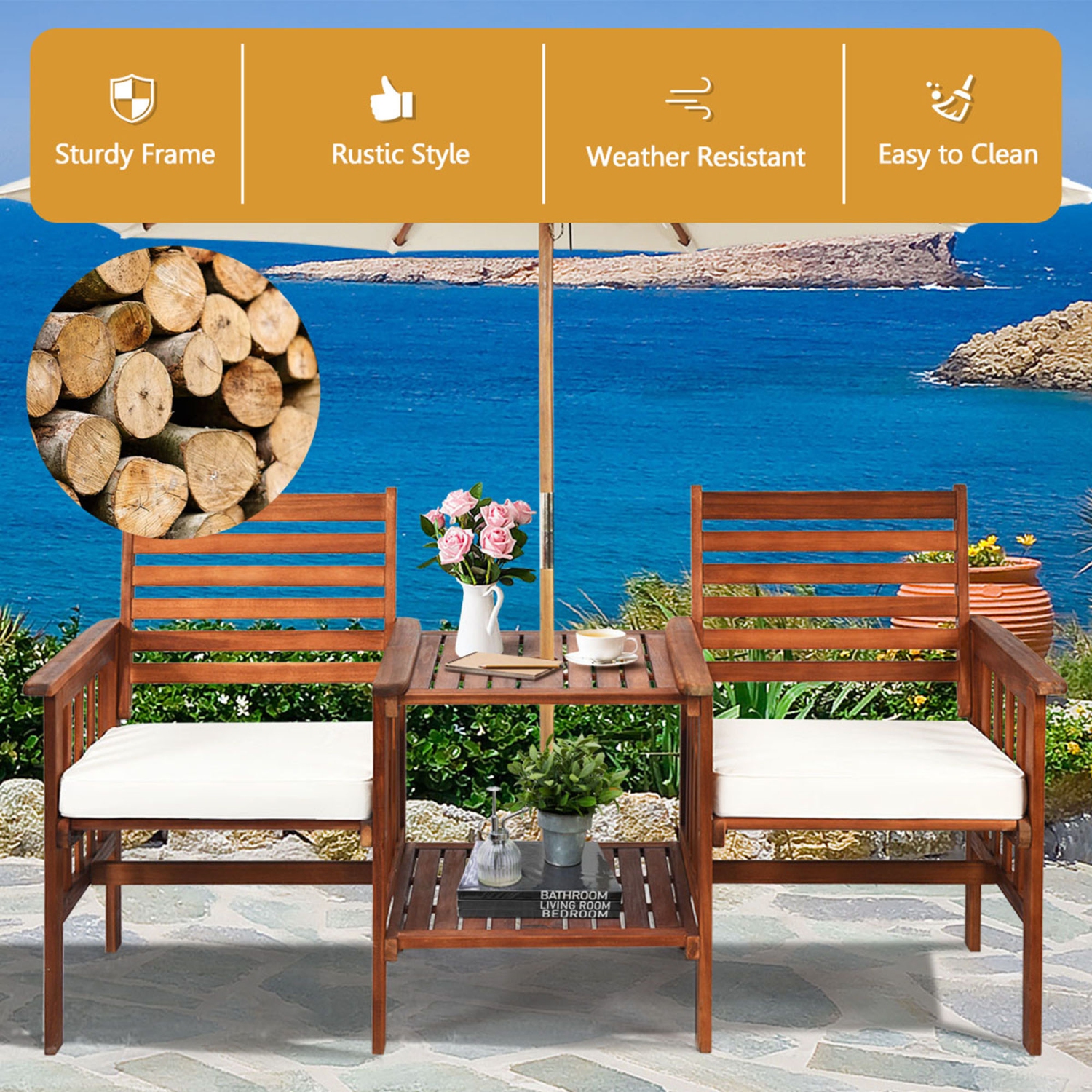 Gymax Acacia Wood Loveseat Patio Outdoor Conversation Set w/ Table White Cushion