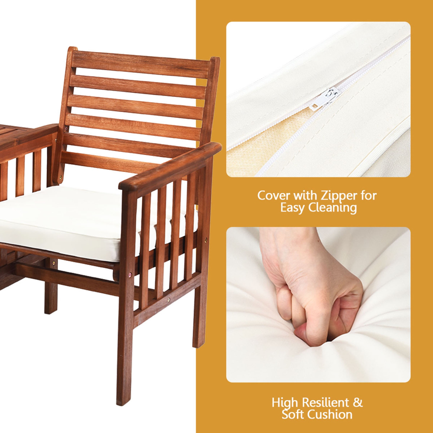 Gymax Acacia Wood Loveseat Patio Outdoor Conversation Set w/ Table White Cushion