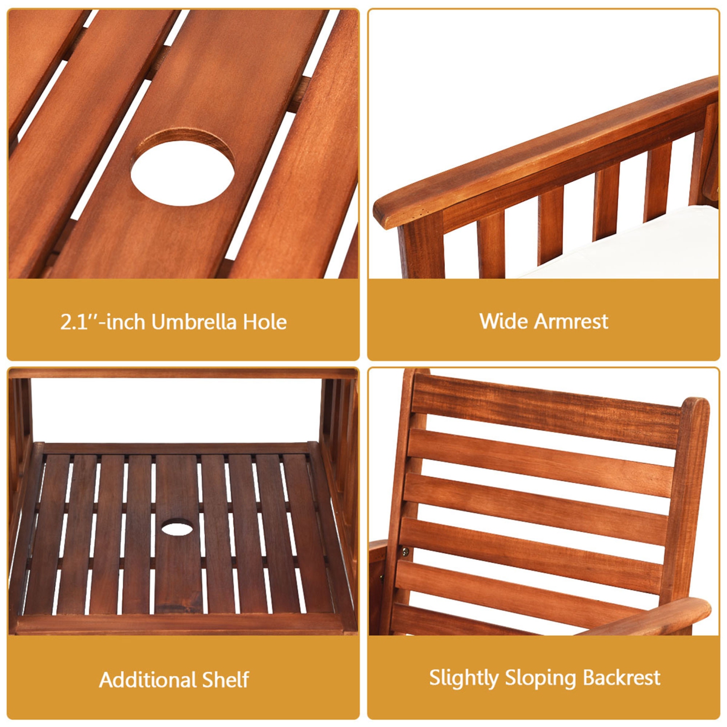 Gymax Acacia Wood Loveseat Patio Outdoor Conversation Set w/ Table White Cushion