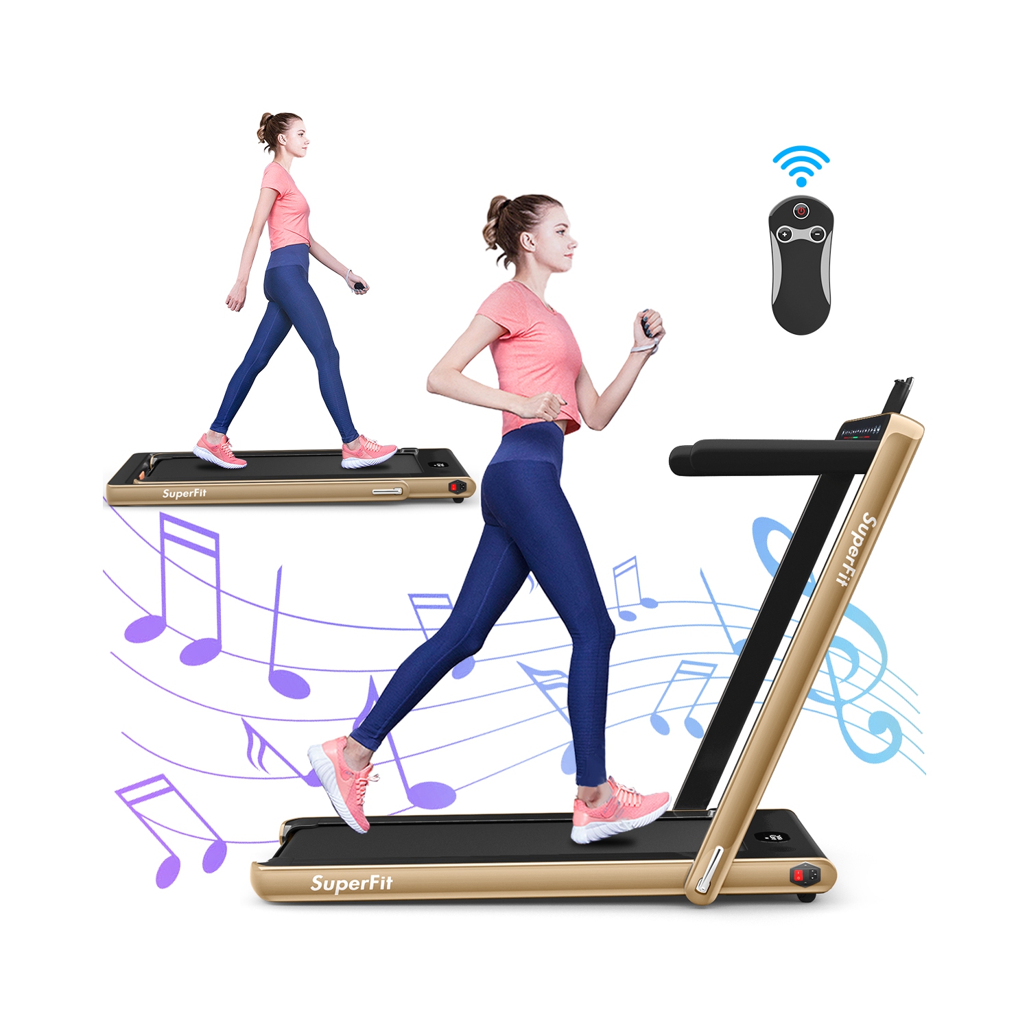 2 en 1 Tapis roulant pliant 2.25HP Machine de course avec double affichage Gymax