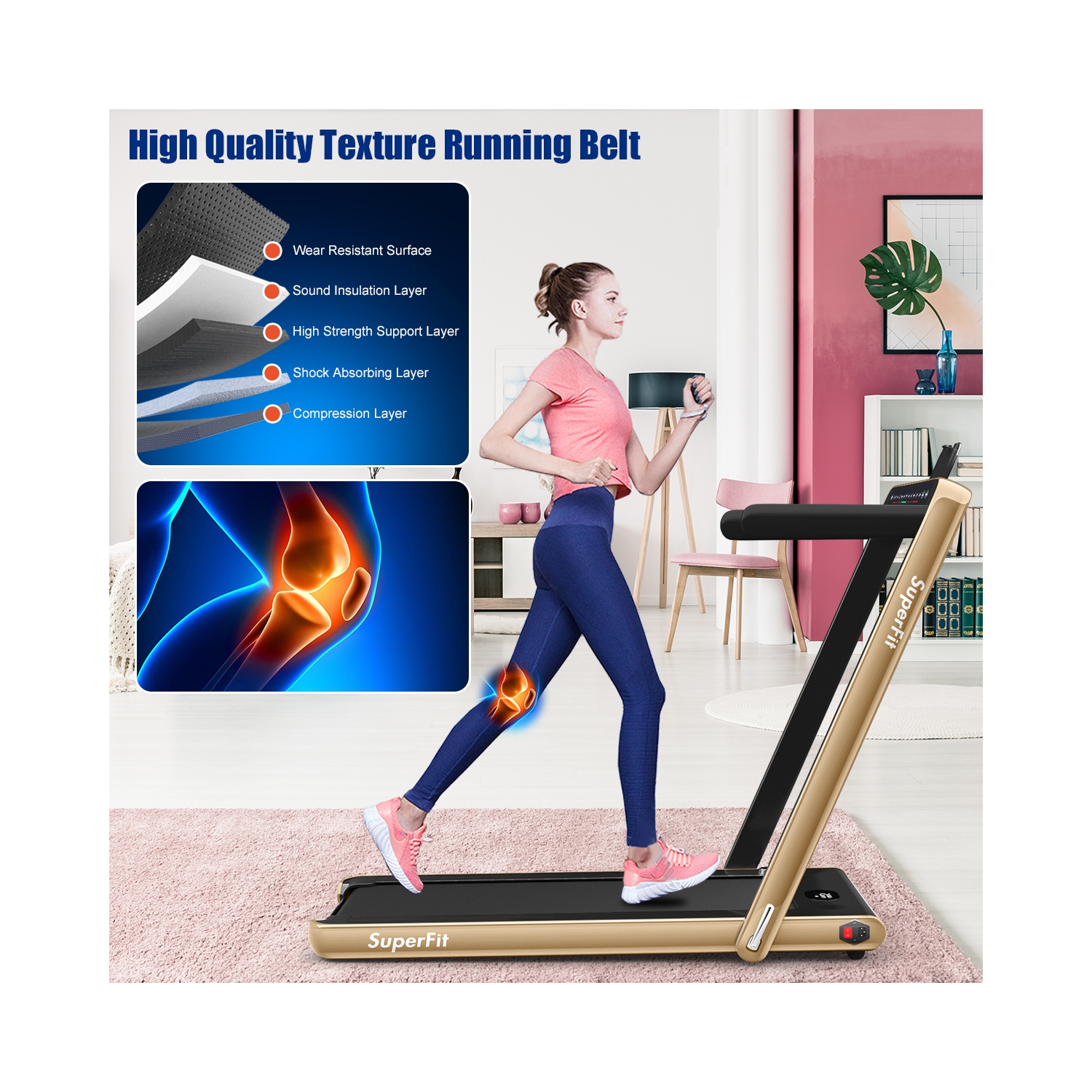 2 en 1 Tapis roulant pliant 2.25HP Machine de course avec double affichage Gymax