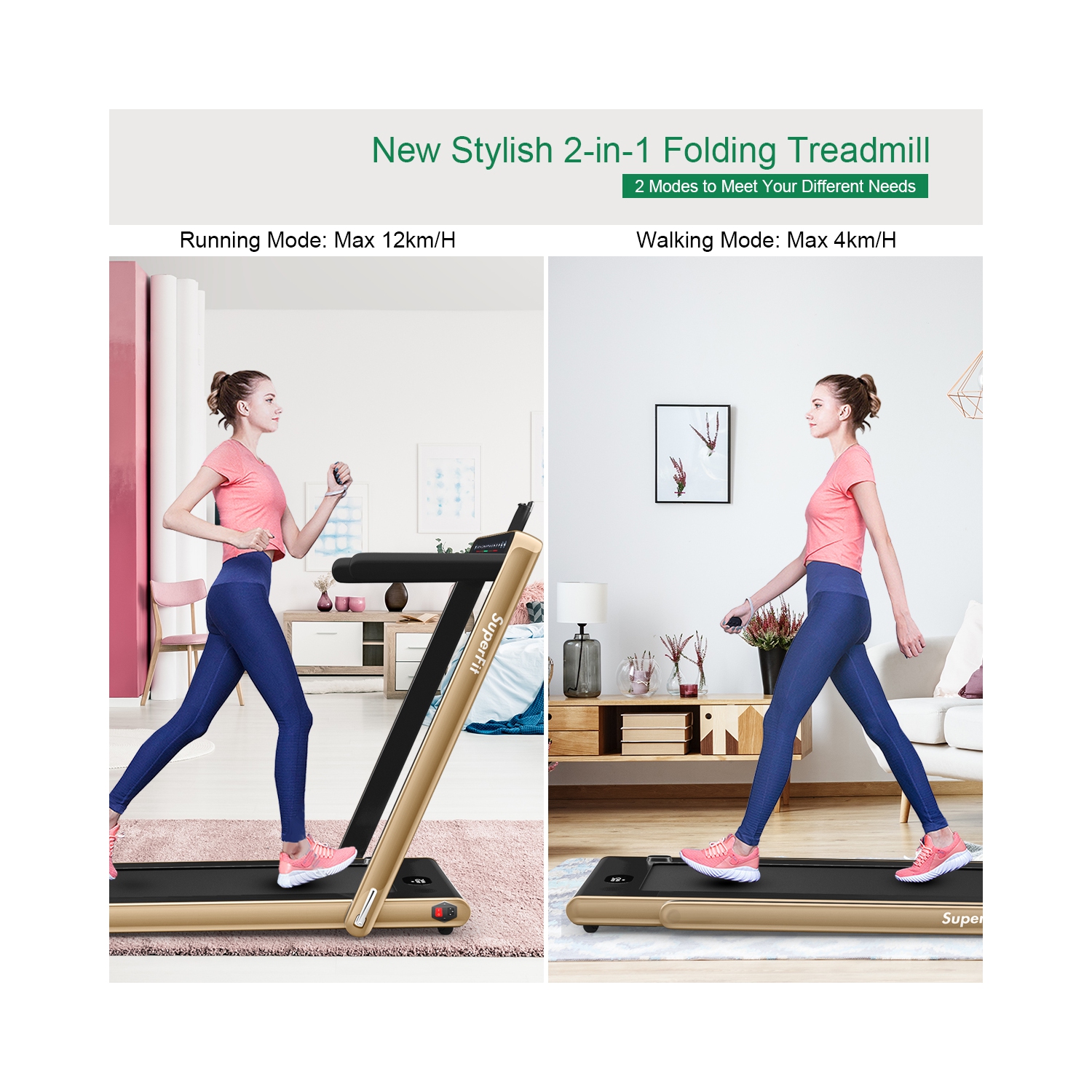 2 en 1 Tapis roulant pliant 2.25HP Machine de course avec double affichage Gymax