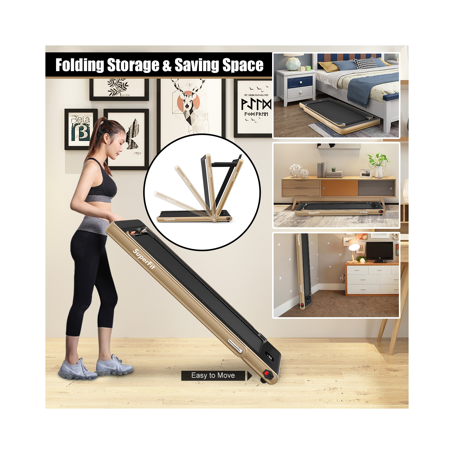 2 en 1 Tapis roulant pliant 2.25HP Machine de course avec double affichage Gymax