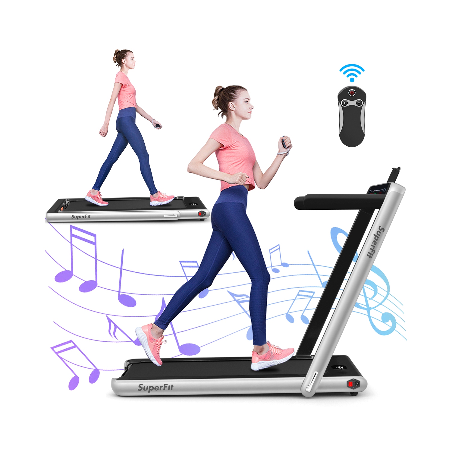 2 en 1 Tapis roulant pliant 2.25HP Machine de course avec double affichage Gymax