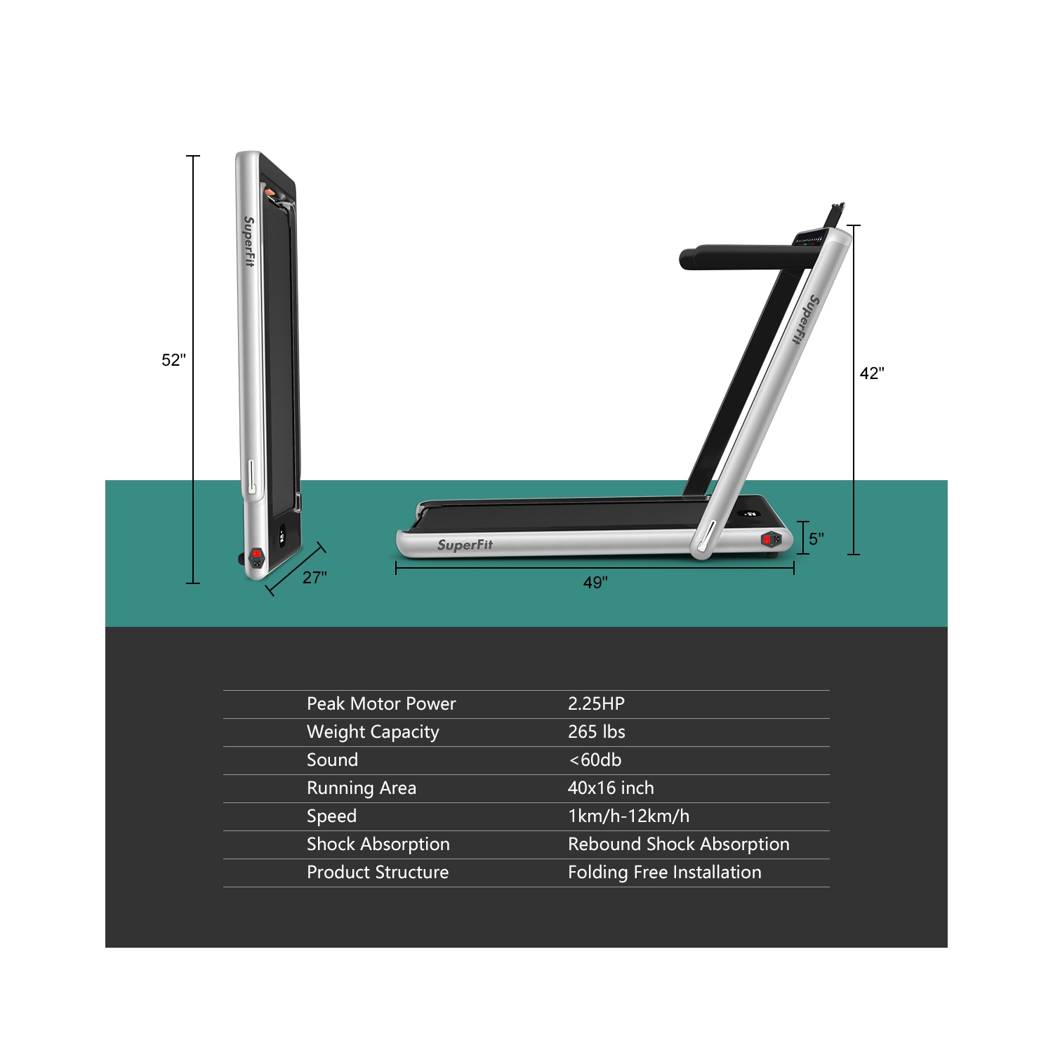 2 en 1 Tapis roulant pliant 2.25HP Machine de course avec double affichage Gymax