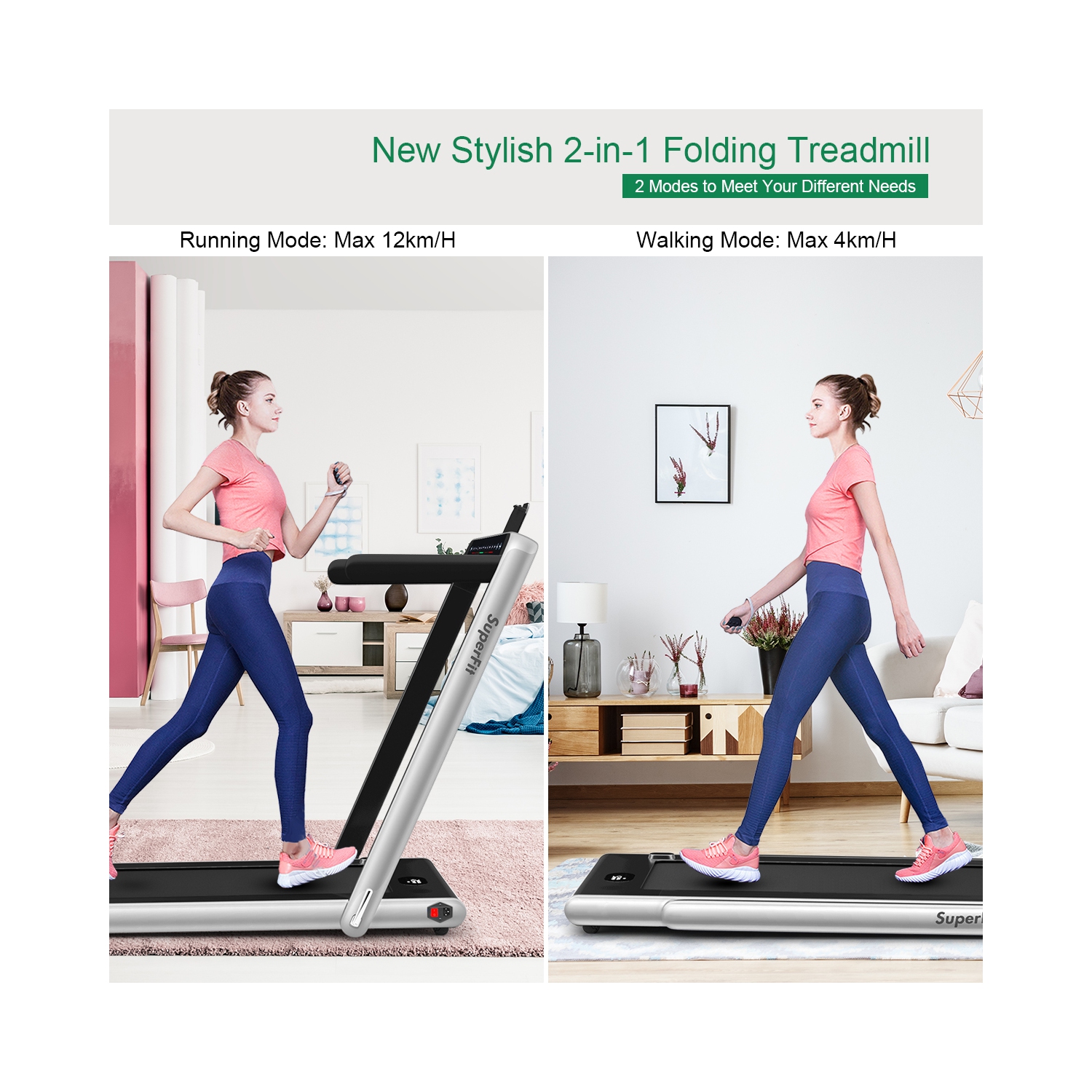 2 en 1 Tapis roulant pliant 2.25HP Machine de course avec double affichage Gymax