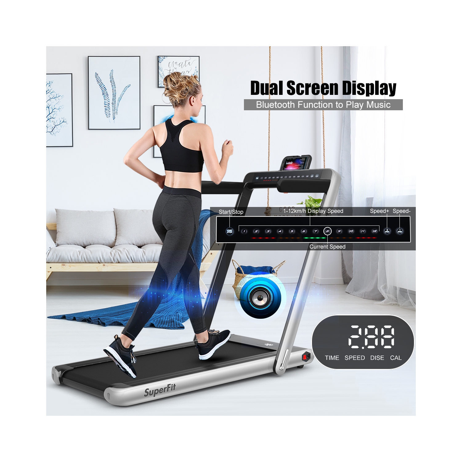 2 en 1 Tapis roulant pliant 2.25HP Machine de course avec double affichage Gymax