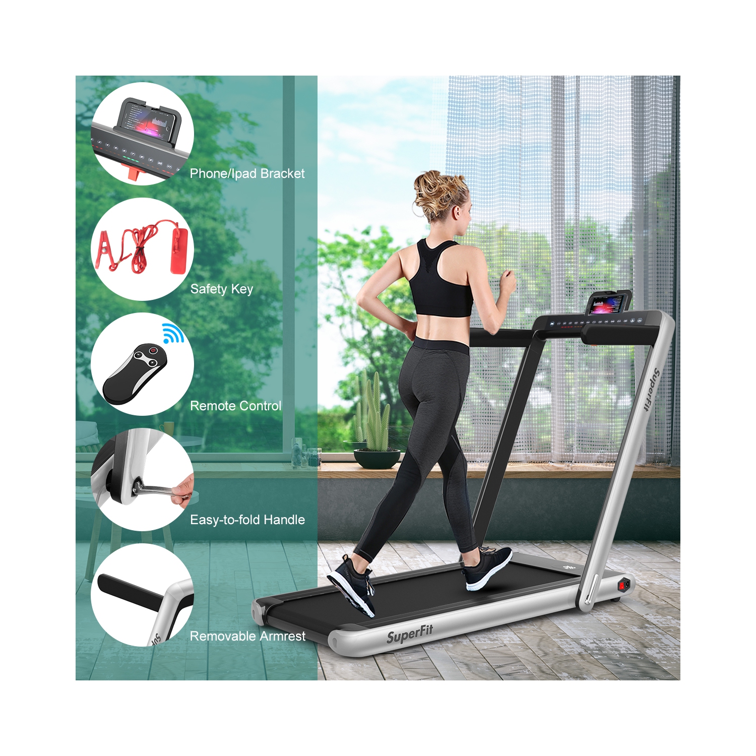 2 en 1 Tapis roulant pliant 2.25HP Machine de course avec double affichage Gymax