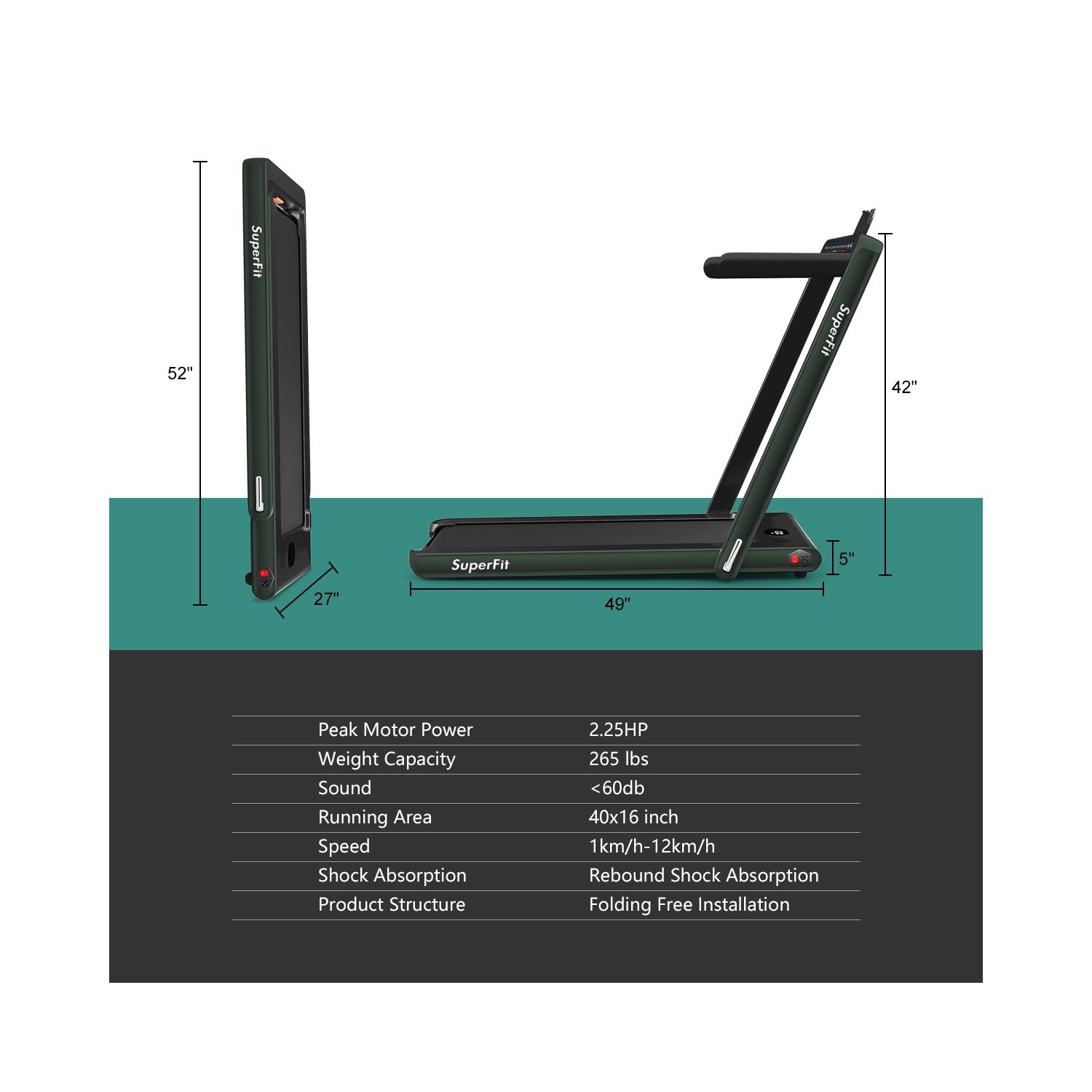 2 en 1 Tapis roulant pliant 2.25HP Machine de course avec double affichage Gymax