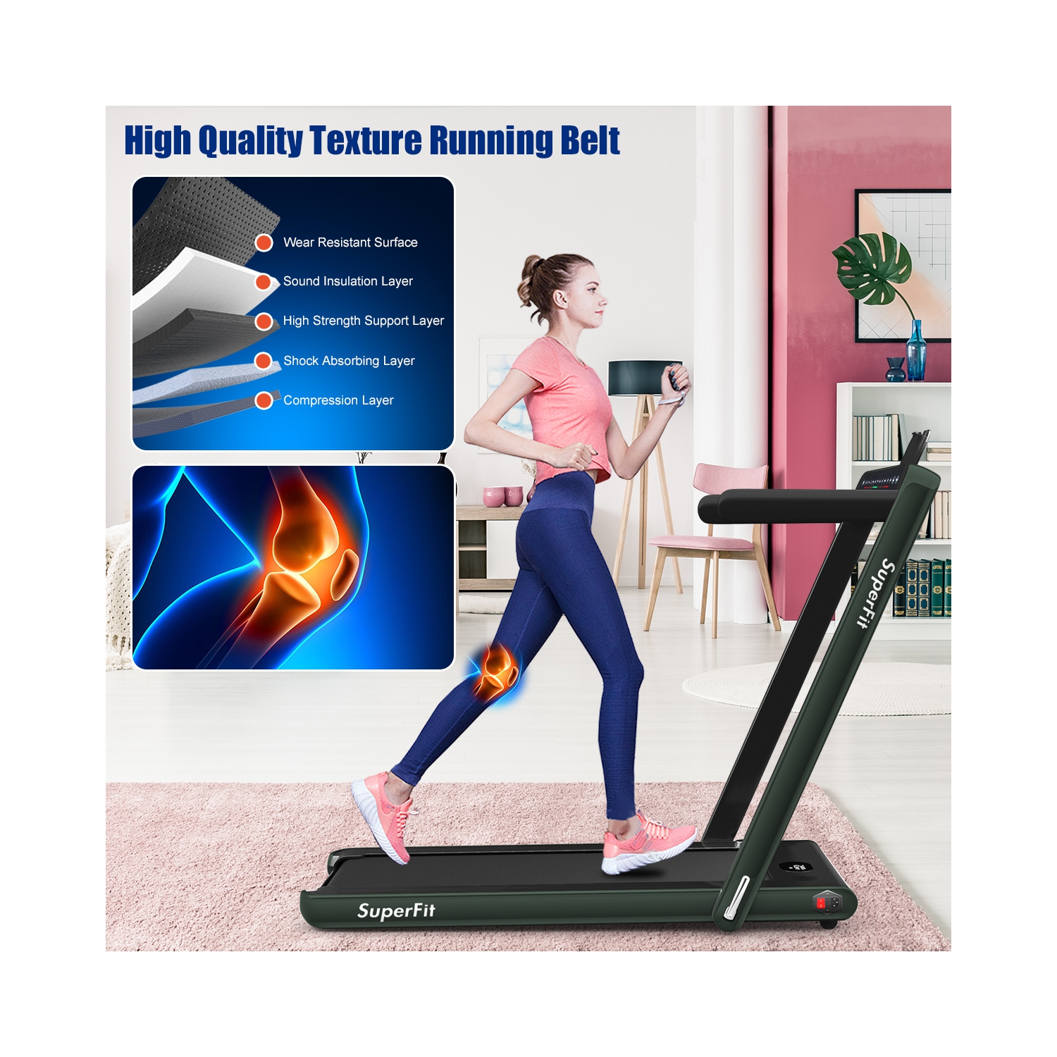 2 en 1 Tapis roulant pliant 2.25HP Machine de course avec double affichage Gymax